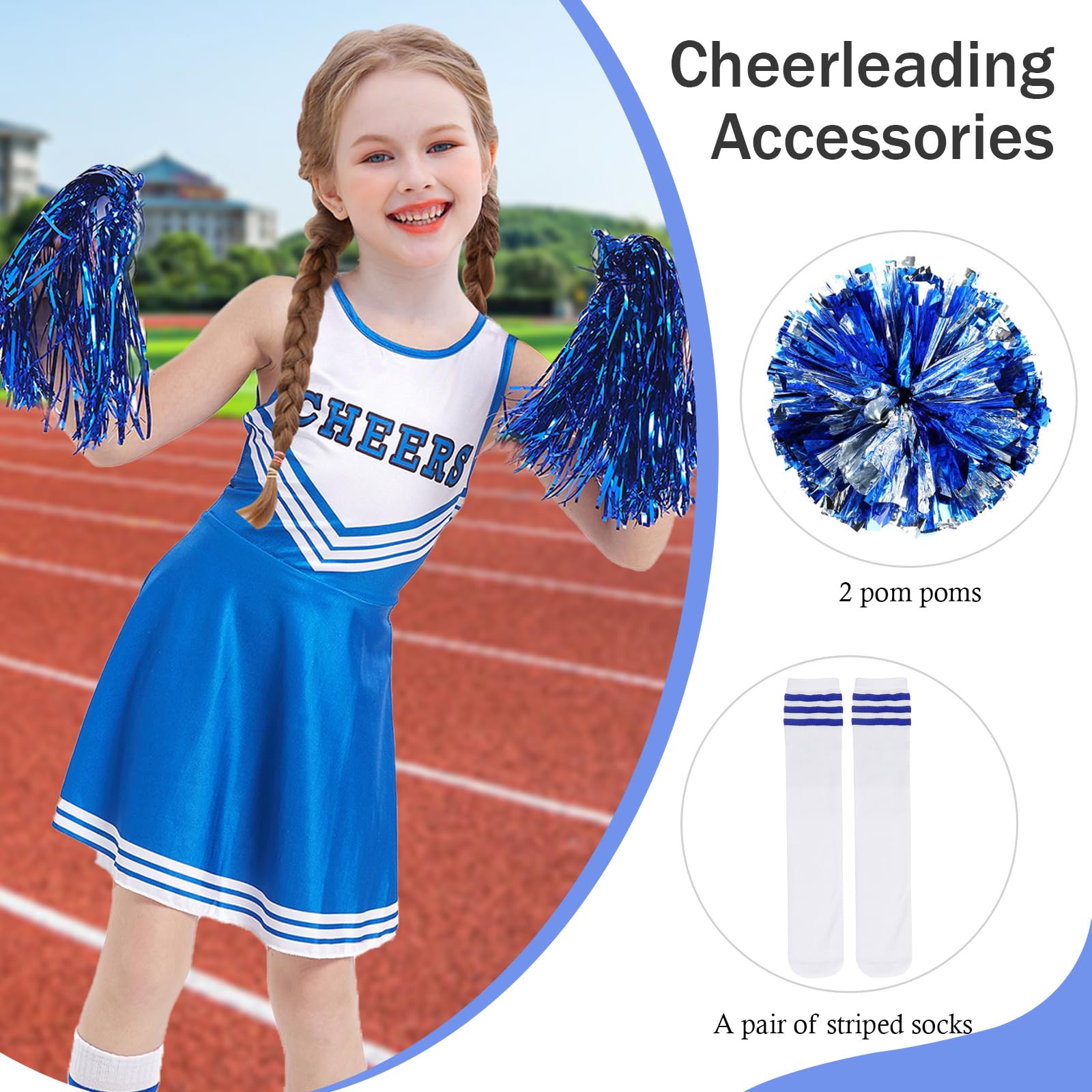 Berich Cheerleader Outfit Kids Dress Up with Pompoms Socks Princess Costumes for Girls Halloween Uniform Outfit Therm Party Clothing Girls Cheerleader Costume Blue 10-11 Years,150 - Image 3