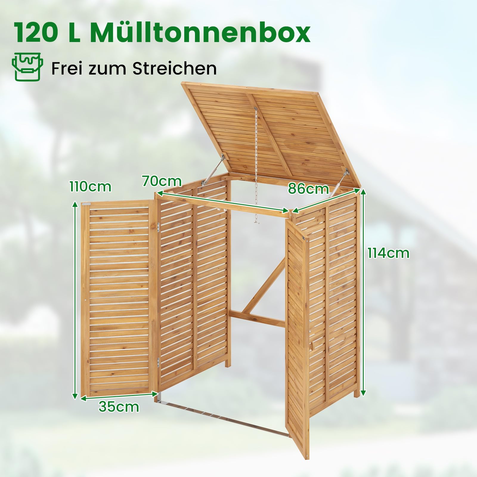 GOPLUS Mülltonnenbox 120L, Mülltonnenverkleidung aus Tannenholz, Aufbewahrungsbox mit Klappdeckel & Metallkette, Mülltonnecontainer für Mülltonnenbox, Geräte