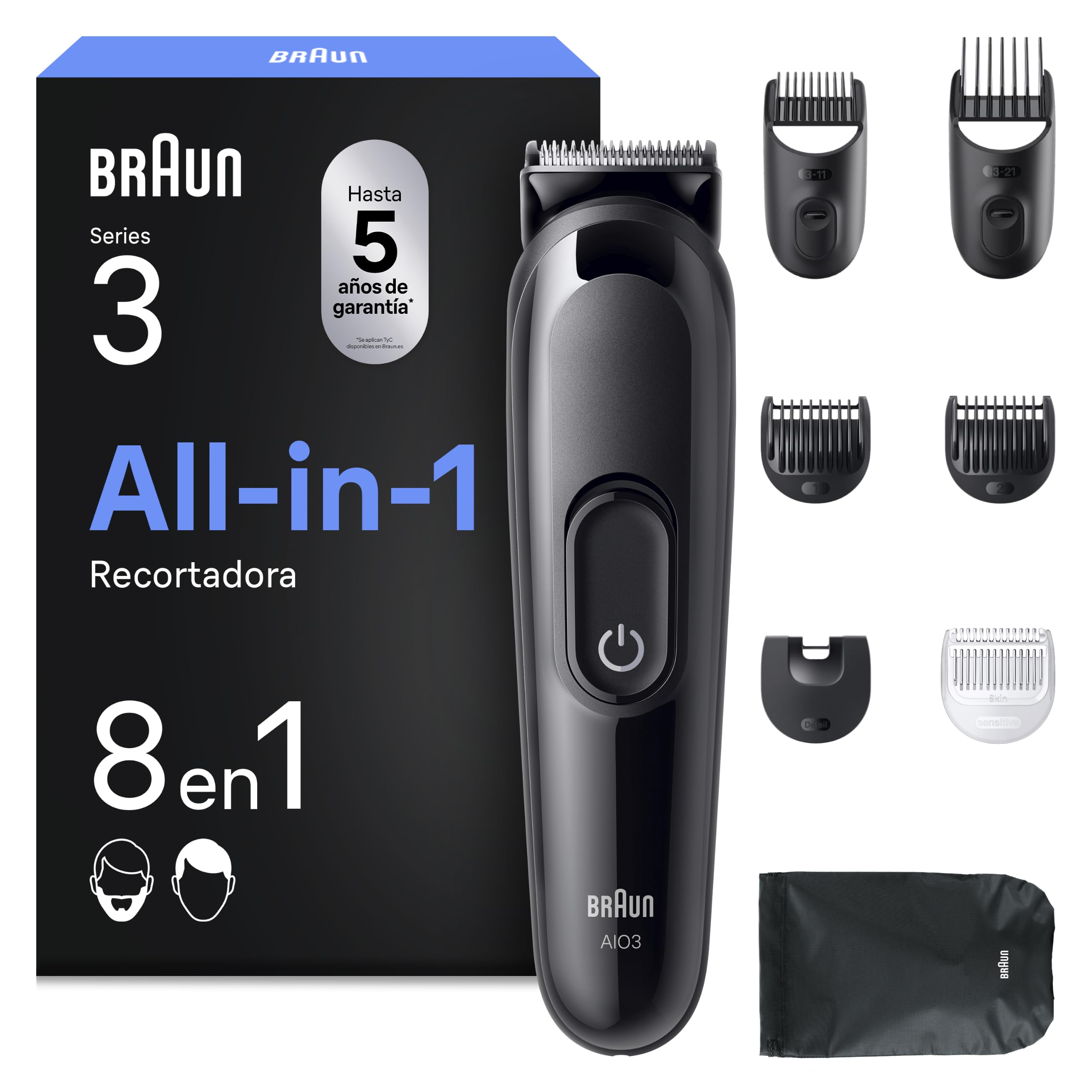 Braun Recortadora Todo en Uno Series 3, AIO3545, Negro | Kit de Styling 8en1 para Barba Y Pelo, 14 Longitudes, Máquina de Cortar Pelo con 50 Min de Uso, Recorte Fácil Y Rápido