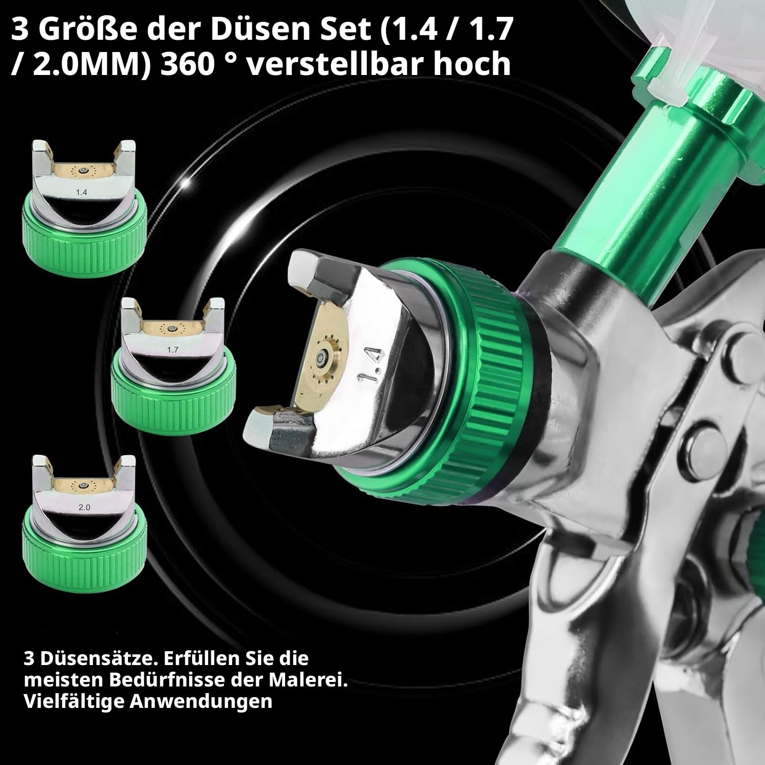 HVLP - Pistola a spruzzo per verniciatura, 3 ugelli da 1,4 mm, 1,7 mm, 2,0 mm, sistema di spruzzo professionale con 600 ml, tazza di plastica, 10 pezzi, 600 ml, con regolatore di pressione dell'aria