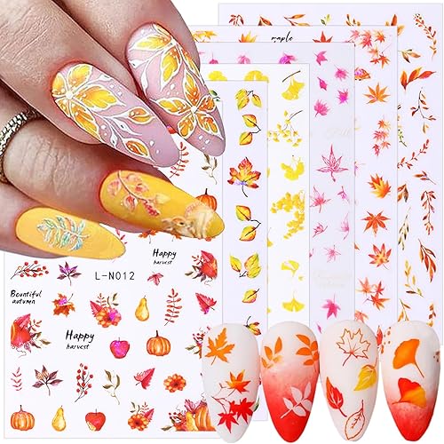 Calcomanías de arte de uñas de otoño, 6 hojas de arce, autoadhesivas, 3D, diseño de hojas de ginkgo, ardilla, calabaza, otoño, suministros de arte