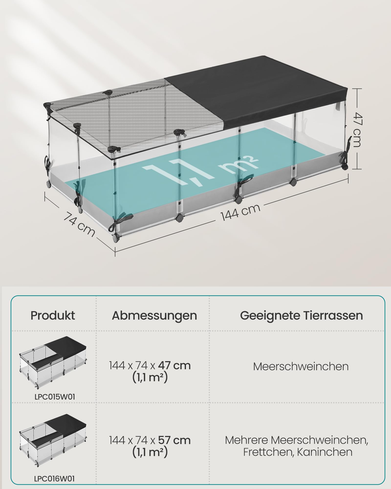 SONGMICS Kleintiergehege, halbtransparente Platten, atmungsaktiv, wasserresistentes Gewebe unten, Kaninchenstall innen, Meerschweinchen Käfig, Frettchen, 144 x 74 x 47 cm, wolkenweiß LPC015W01