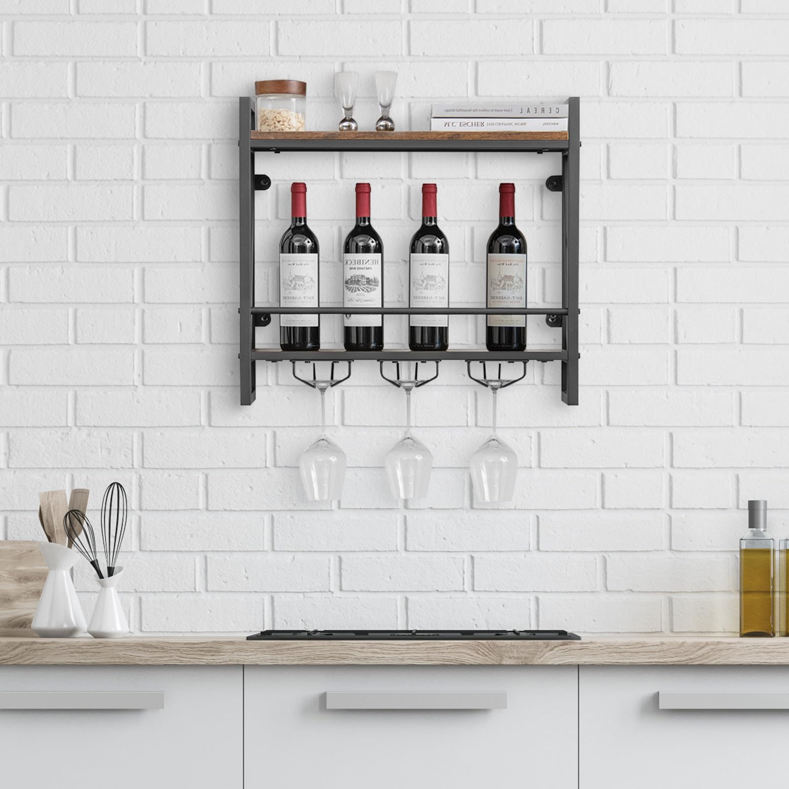 GYMAX Portabottiglie di Vino da Parete, Scaffale da Parete con Portabicchieri, Mensola a Soffitto con Telaio in Metallo, Portavino Cantinetta Vino per Cucina Bar Ristorante (Stile 2)