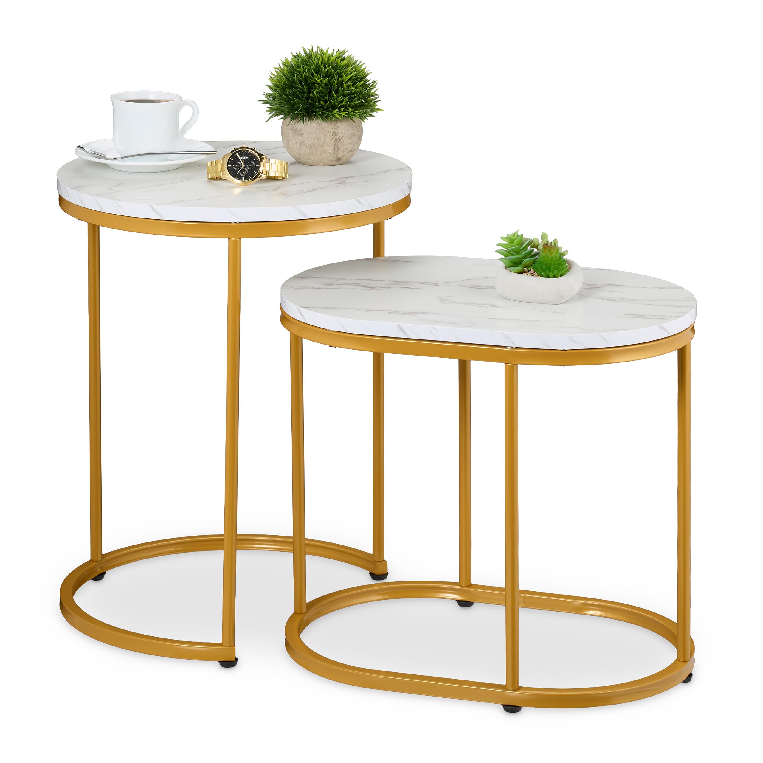 Relaxdays Tavolini da Salotto, 2 Tavoli Bassi caffè da Divano Soggiorno, Tondo e Ovale Stile Marmo, Metallo, Bianco Oro