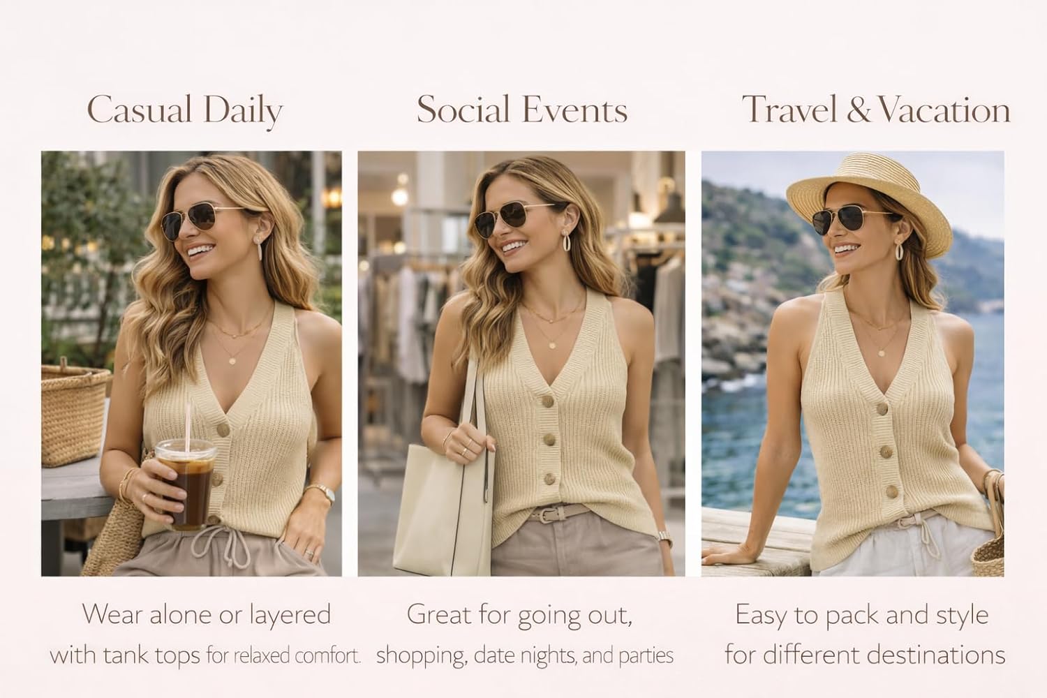 Womens Button-Front Sweater Vest Top V Neck Sleeveless Knit Tank Fitted Halter Raceback Cardigan Vest - Image 3