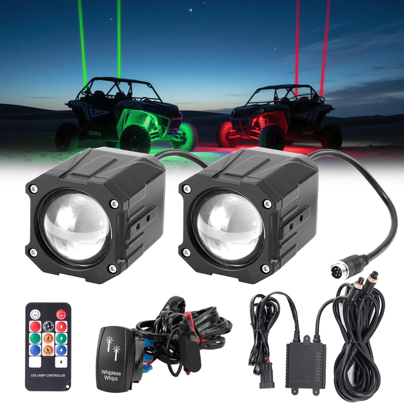 60 mm Whipless Led Whip Lights z przełącznikiem kołyskowym, zestaw combo, regulowane mocowania, kompatybilne z UTV/ATV/SXS/Polaris RZR/Can-Am/Maverick X3/CFmoto/Kawasaki, wielokolorowe