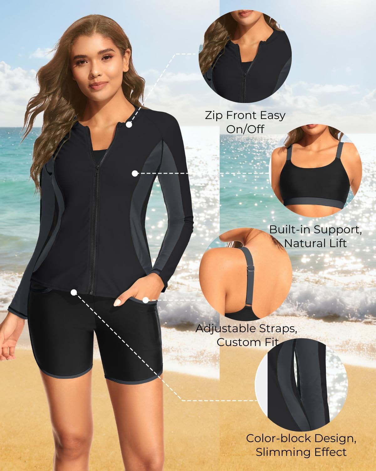 Women 3 Piece Rash Guard - Long Sleeve Swimsuit Built in Bra Swim Shirt Zip Bathing Suit with Pocket Shorts