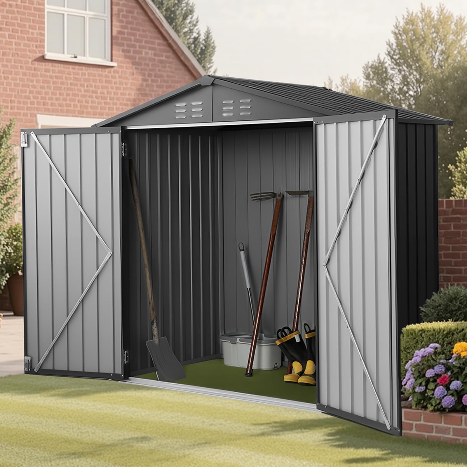 VEVOR Domek ogrodowy z metalu 186 x 121 cm, domek ogrodowy na zewnątrz, zamykane drzwi, szopa ogrodowa ze spiczastym dachem, do organizacji narzędzi, rowerów, szarych