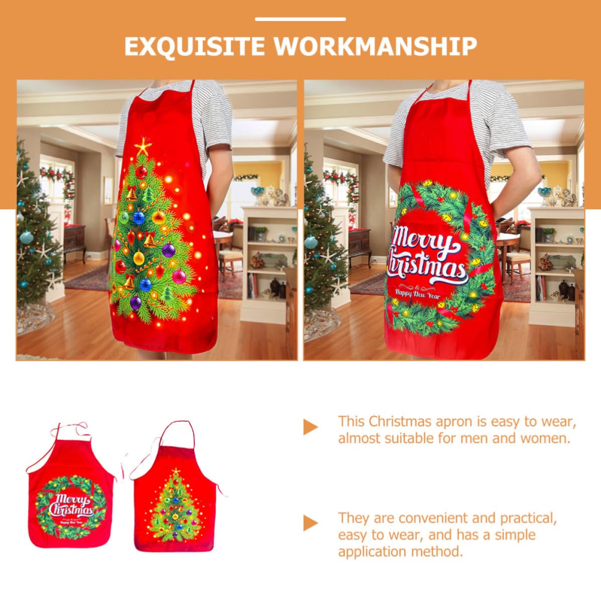 Amosfun 10 Unidades Delantal Navideño Rojo de Tela para Cocina Correas Ajustables, Diseño Clásico de Navidad, Lavable a Máquina, Adecuado para Fiestas Temáticas Navideñas