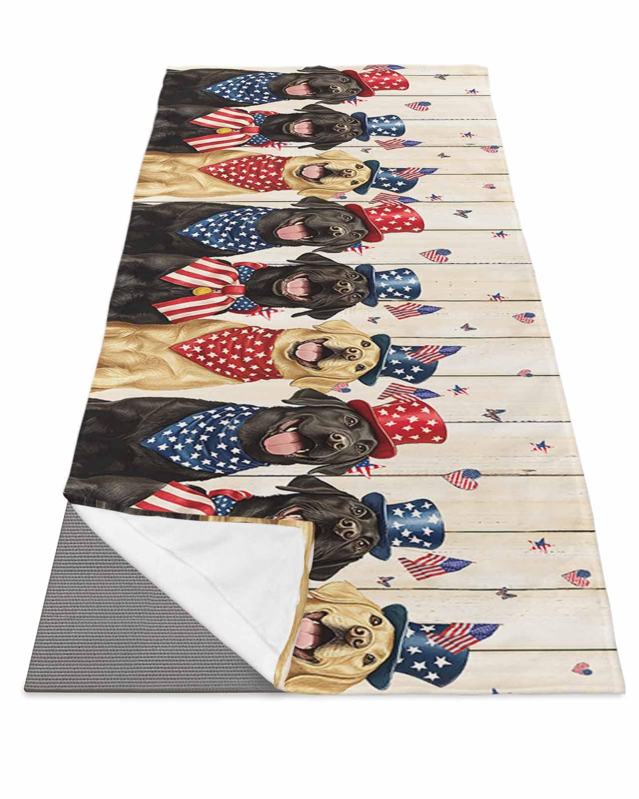 BOSIJOY Yoga Mat Towel,Patriotic Dogs on Wood Non Slip Sweat Absorbent Hot Yoga Towels with Corner Pockets,Independence Day Star Heart USA Flag Soft Microfiber Towel for Pilates Bikram 70