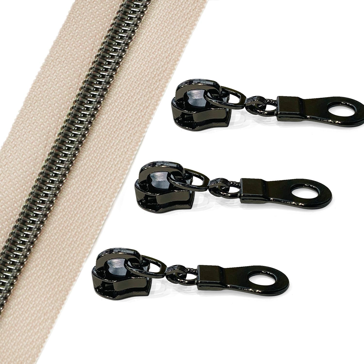 Sawoake Nylon Coil Zipper 10 Yards Bulk, #5 Beige with Gunmetal Teeth, Includes 10PCS Sliders for DIY Sewing, Crafts, Bags, Apparel Repair (#5 Gunmetal Beige)