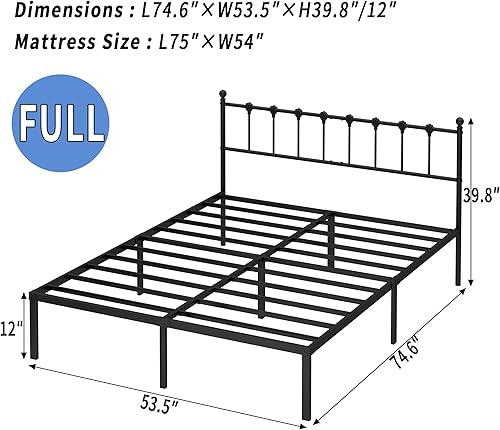 Miniatura 2 de Base de cama de tamaño matrimonial con cabecera moderna, base de cama de plataforma de metal con soporte fuerte, no necesita somier, fácil montaje,