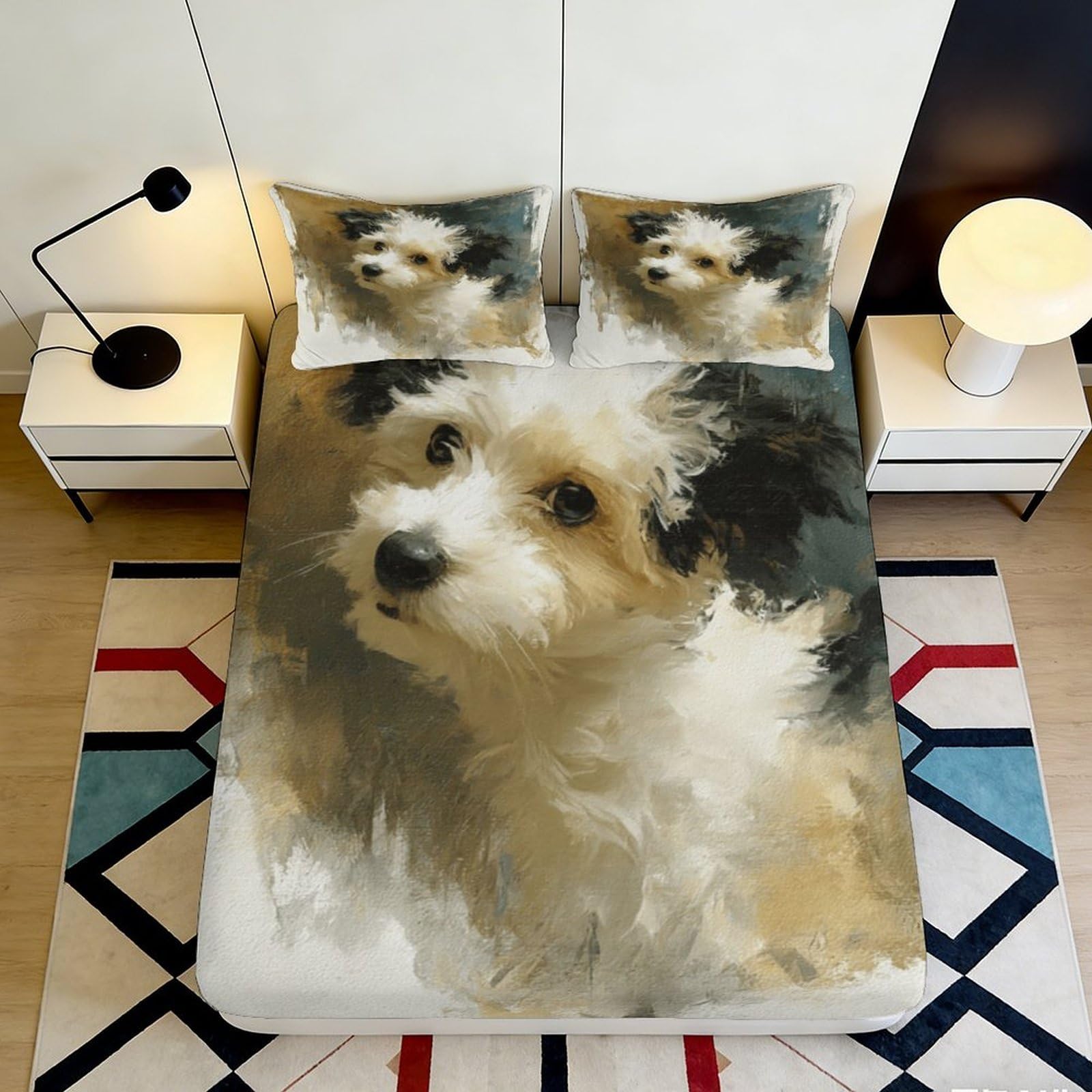 3D Printed Fluffy Dog Fitted Sheet Microfiber Soft Breathable Puppy Bed Cover for Bedroom Dorm Mattress Protection Decor 90x200x25cm