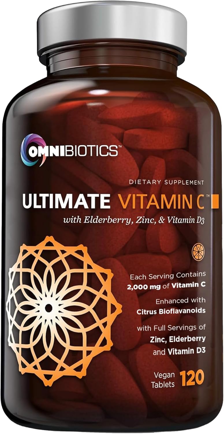 OmniBiotics Ultimate Vitamin C Supplement 2000mg – with Zinc, Elderberry Extract, and D3 – High Potency Immune Support & Collagen Booster – 120 Vegan Tablets OmniBiotics Ultimate Vitamin C Supplement 2000mg – with Zinc, Elderberry Extract, and D3 – High Potency Immune Support & Collagen Booster – 120 Vegan Tablets