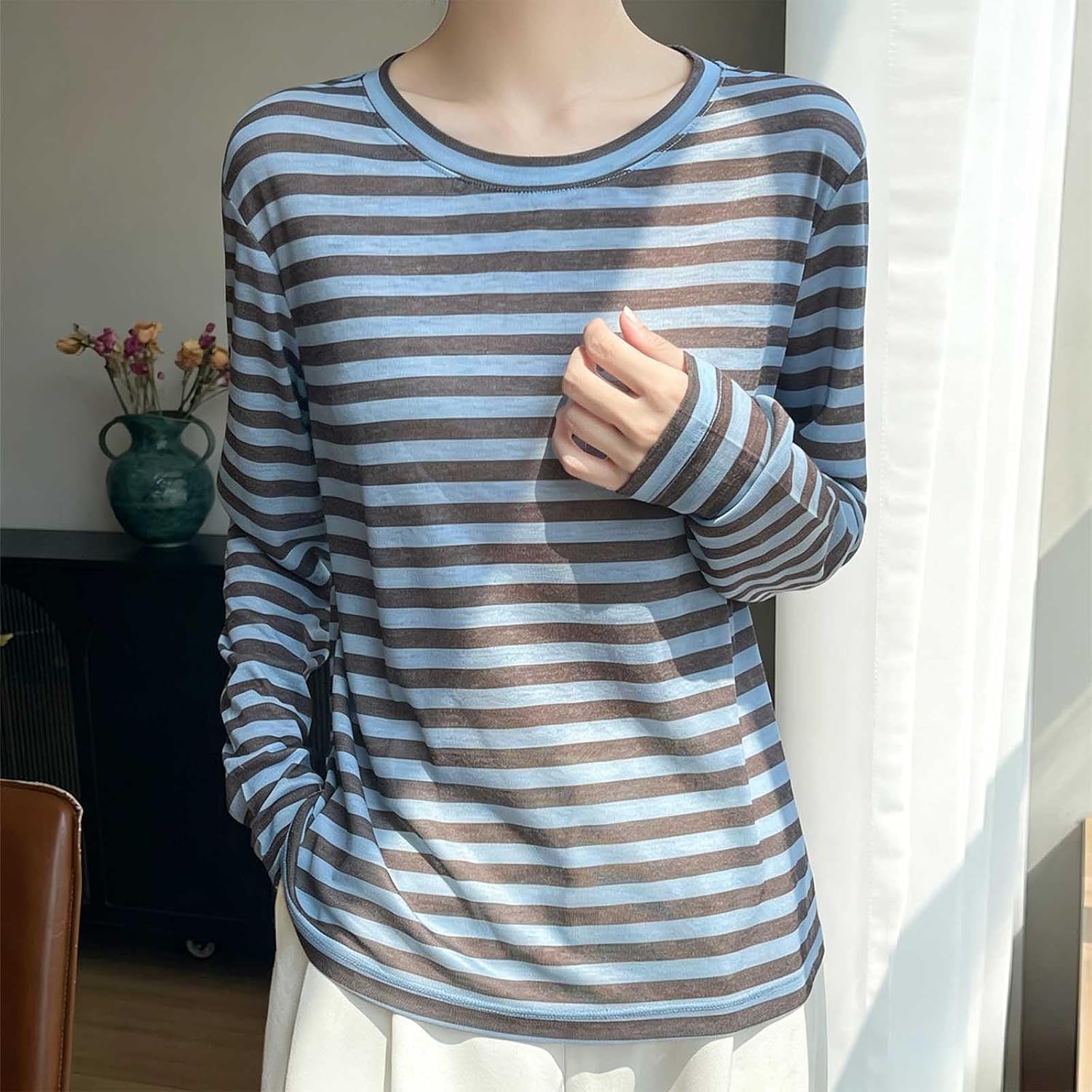 Women Striped Long Sleeve Shirt Crewneck Casual Fall Spring Lightweight Tops Y2K Fashion Loose Fit Blouses Clothes