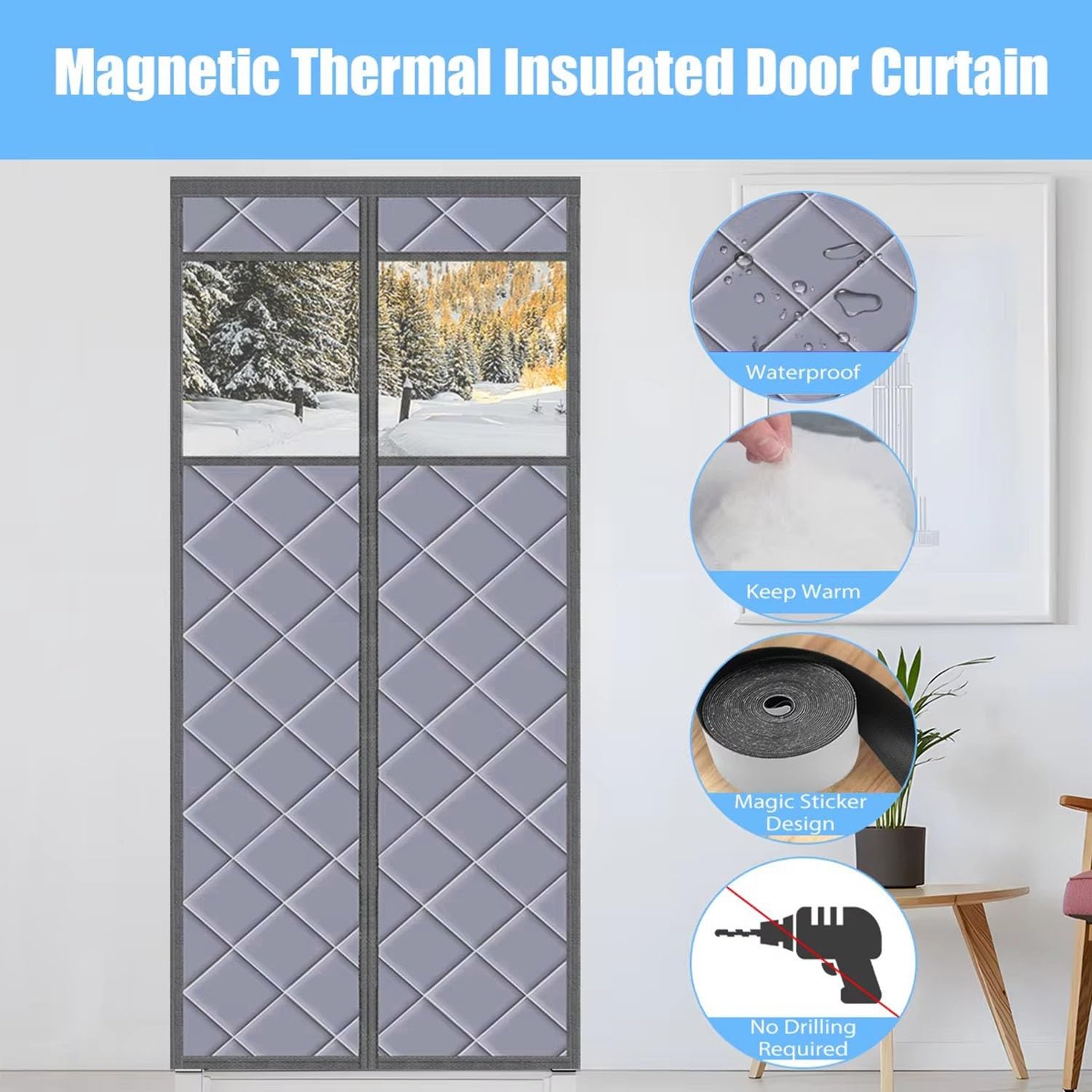 Magnetischer Wärmeschutzvorhang mit Transparentem Fenster, Thermo Türvorhang, Selbstschließend, Wasserdicht & Winddicht, Isolationsschutz, Isolier Schutz, Thermovorhang(Gray,100x200cm)