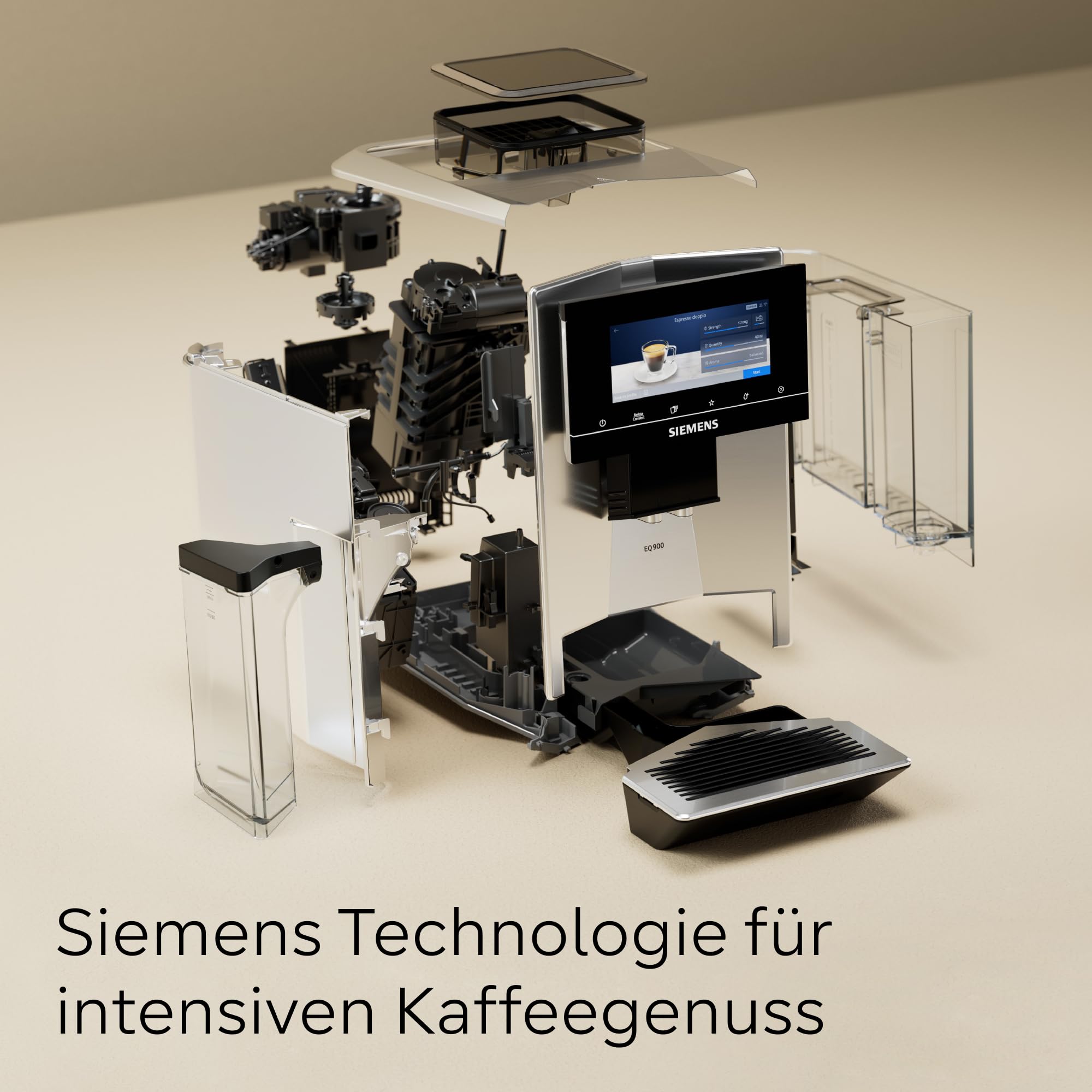 Siemens Kaffeevollautomat EQ900, großes farbiges TFT-Display, 36 Heiß- und Kaltgetränke, Cold Brew, super leise, Keramikmahlwerk, Doppeltassenfunktion, Steuerung per App, Edelstahl, TQ903D03