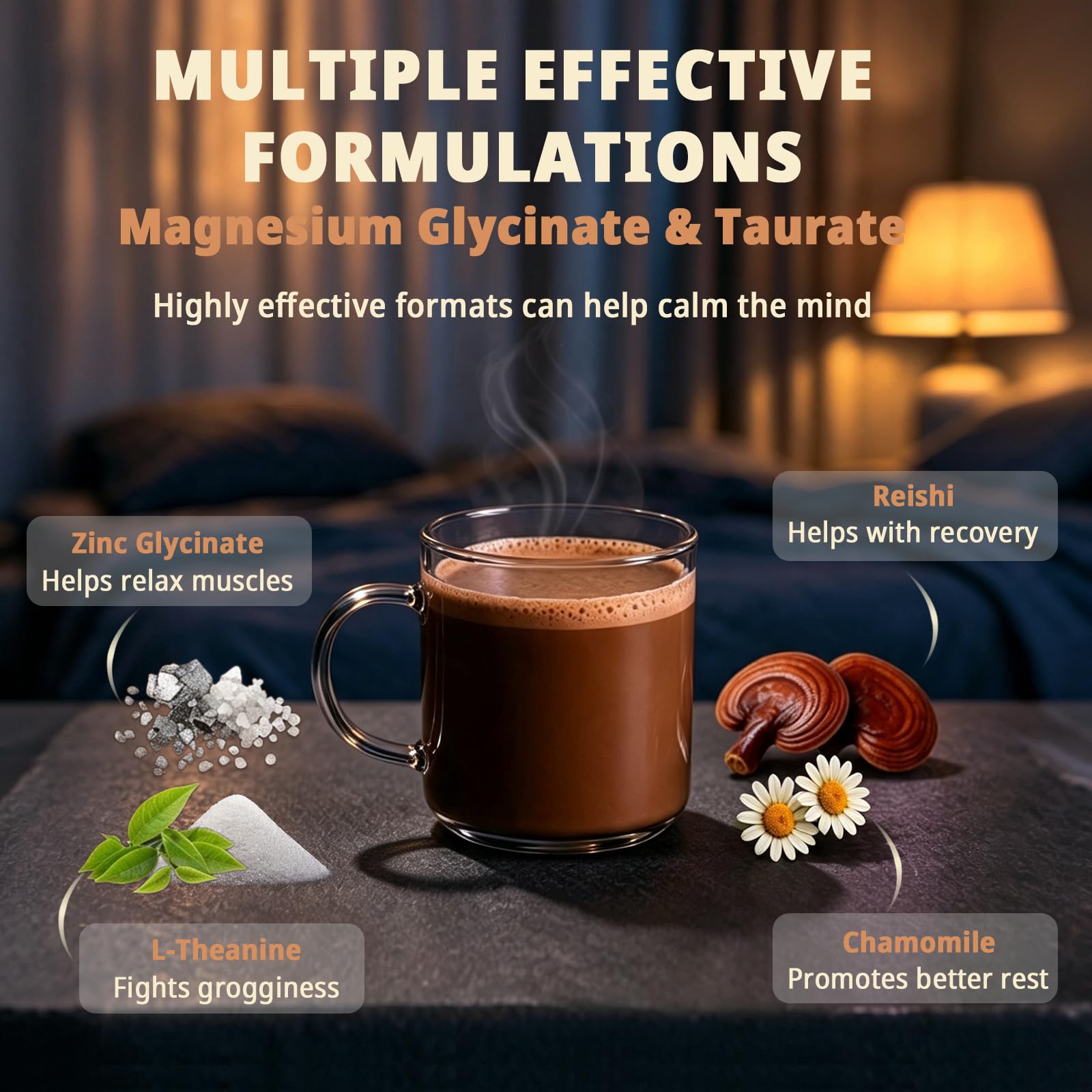 Magnesium Hot Cocoa –Natural Sleep Aid Hot Chocolate for Adults with Reishi Mushroom, L-Theanine & Zinc Glycinate – Relaxation & Restful Sleep Support Mushroom Coffee, 30 Servings — Amazon image 3