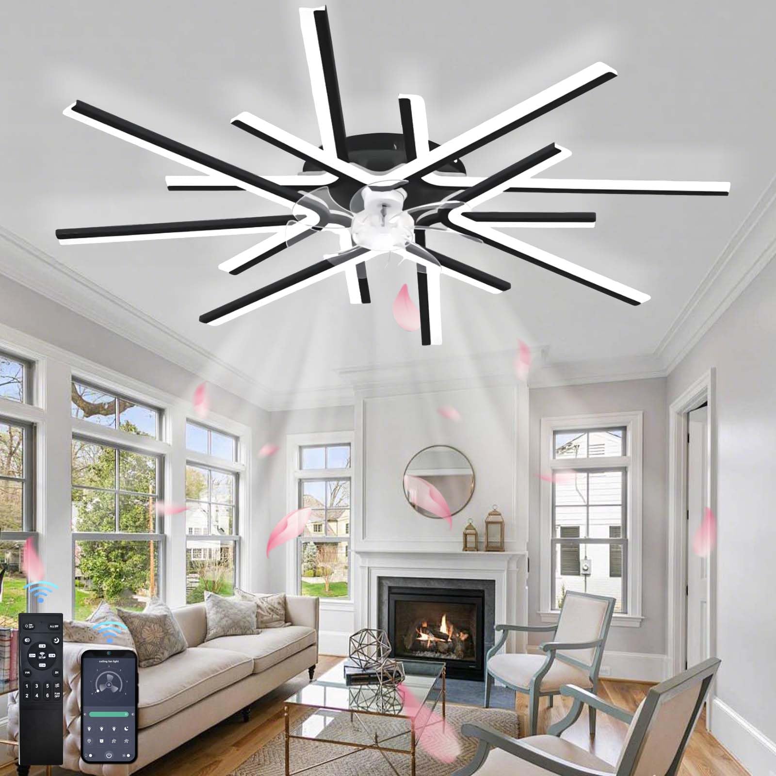 SXDMOUBK Ceiling Fans with Lights, Reversible DC Motor，Summer & Winter 6 Speeds Memory Timer Function,Ceiling Fans with Lamps, Quiet Fan Ceiling Lights for Bedroom, Kitchen-Black