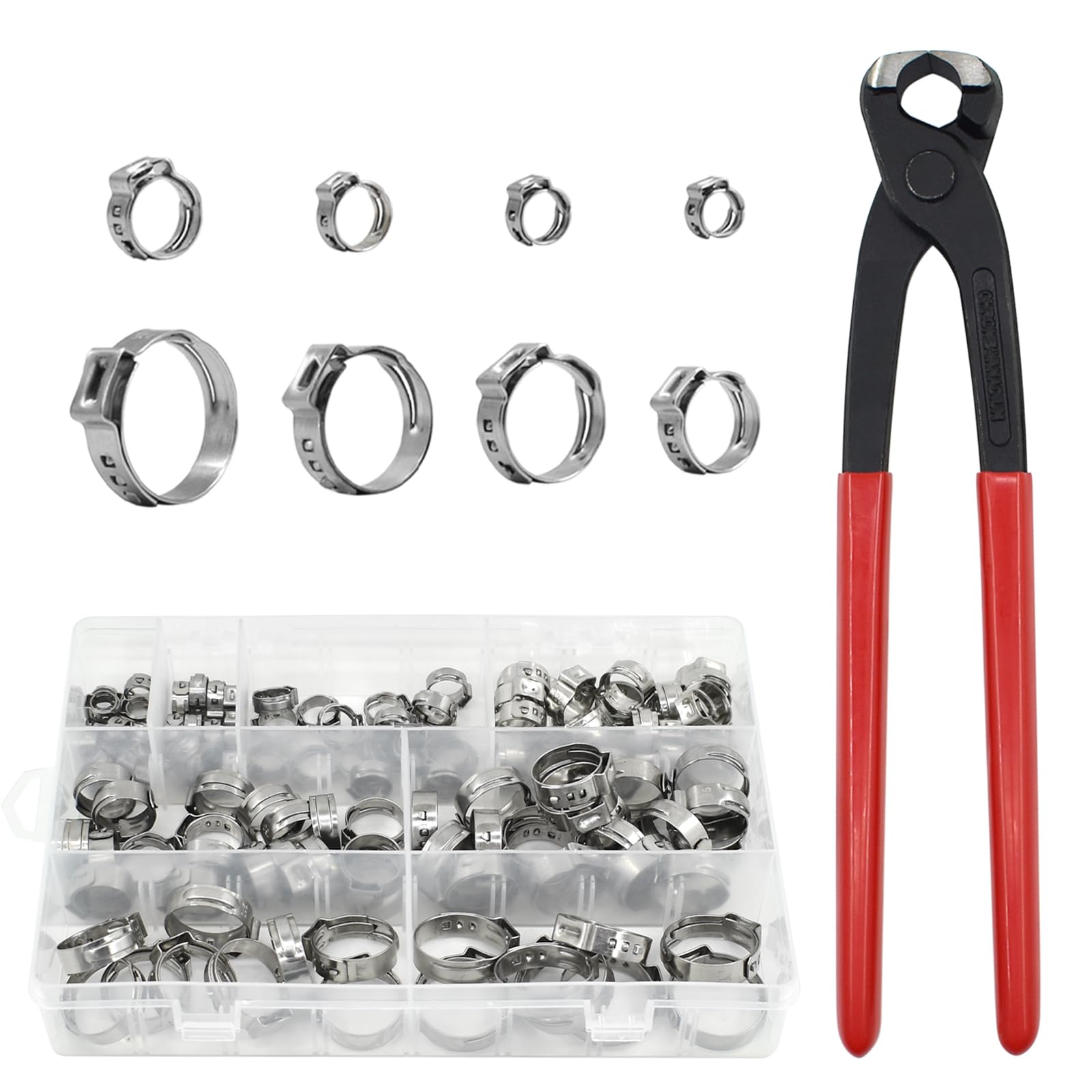 LE-stone 130Pcs 8 Sizes Single Ear Clamps 304 Stainless Steel Crimp Hose Clamp Assortment Kit with Pincer for Wire Securing Pipe Automotive 5.8-23.5mm