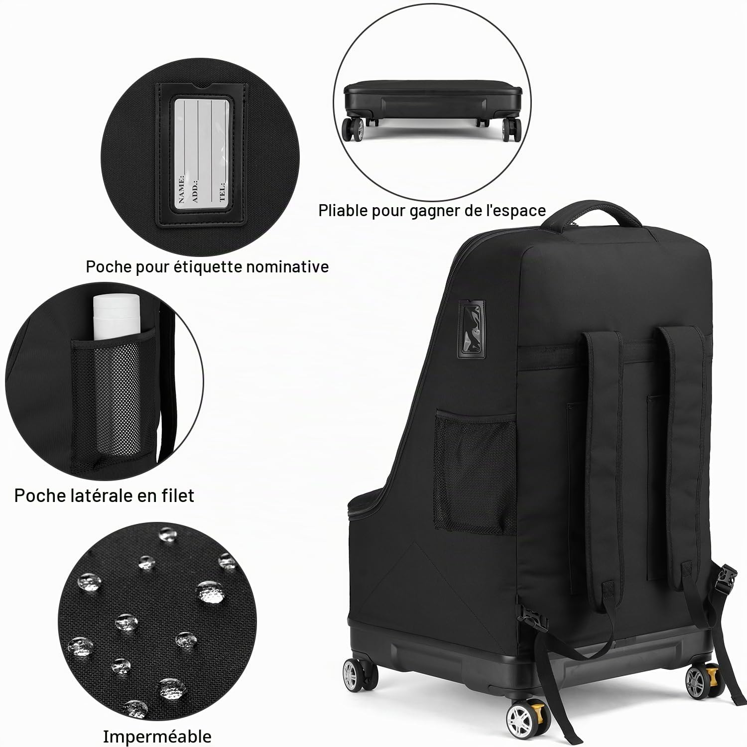 TUGUAN Sac de Voyage pour Siège Auto pour Avion avec Roues Rotatives, Sacs de Siège Auto pour Bébé pour Voyage en Avion avec Fond Rigide, Grand Sac à Dos Rembourré pour Siège de Voiture, Noir