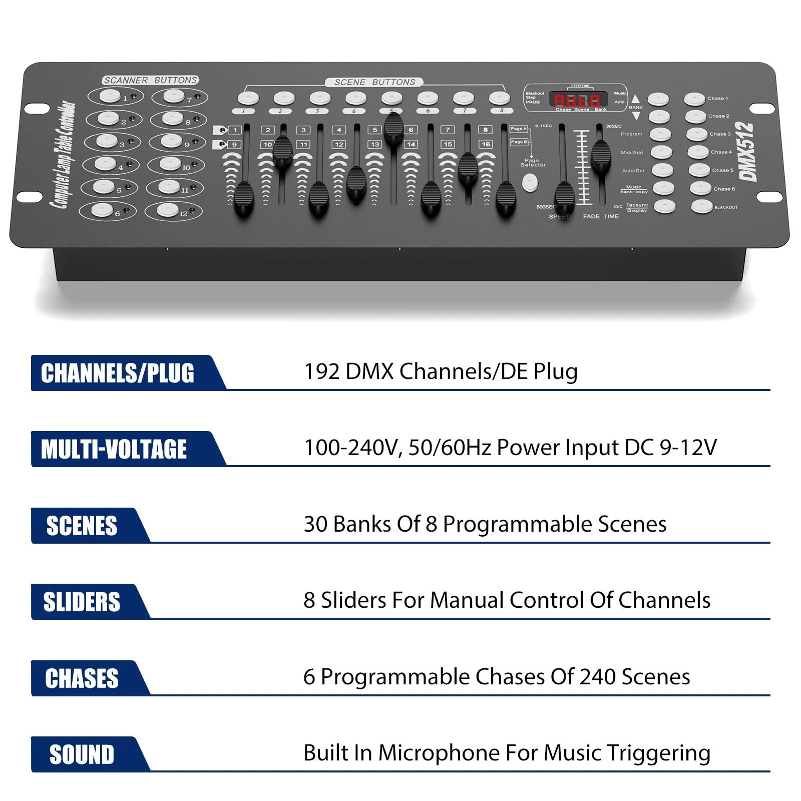 Controlador DMX, Consola negra de 100-240 V CA con operador DMX y MIDI, controlador iluminación 192 canales for conciertos en, s, DJs clubes