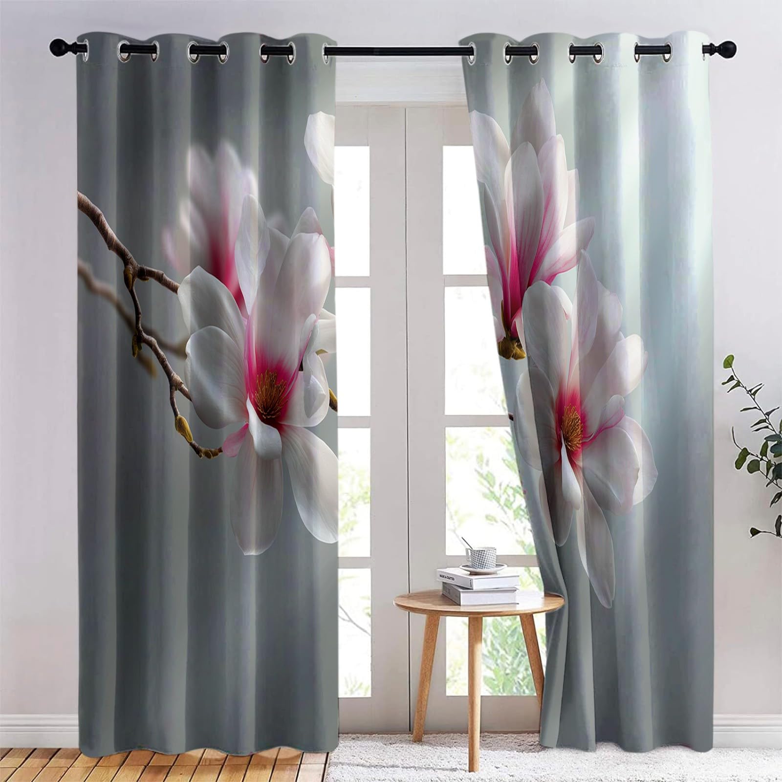 Générique Szara zasłona zaciemniająca do salonu 140 x 260 cm Magnolia Roślina 3D Drukowanie Termiczne Zasłony Izolowane Zimno Poliester Zestaw 2 zasłon okiennych do pokoju dziecięcego Dekoracja kuchni