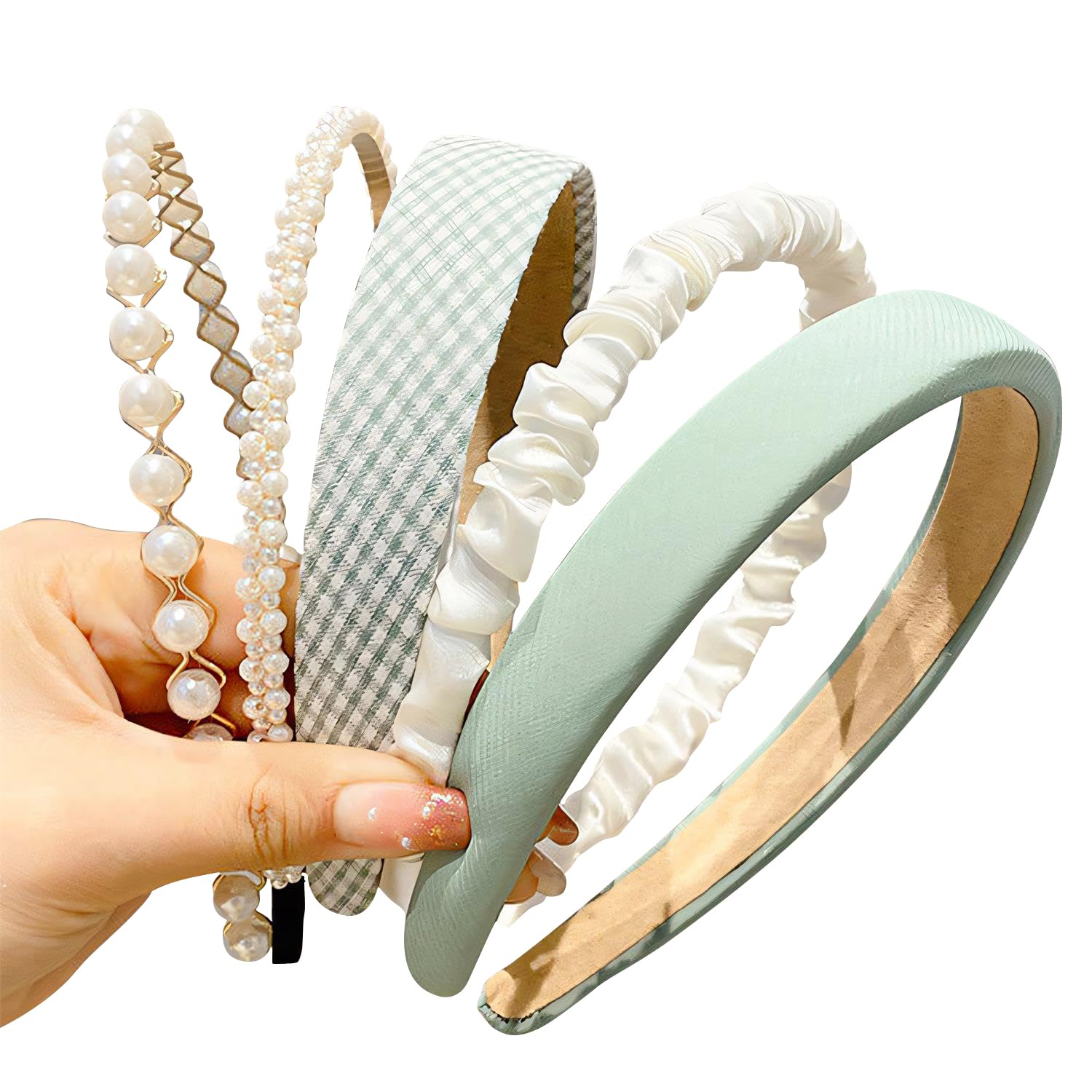 Fashion Headbands for Women Girls Headbands Set 5pcs Pearl Headband Floral Headbands Padded Headband for Women Vintage Wide Hair Band (Green)