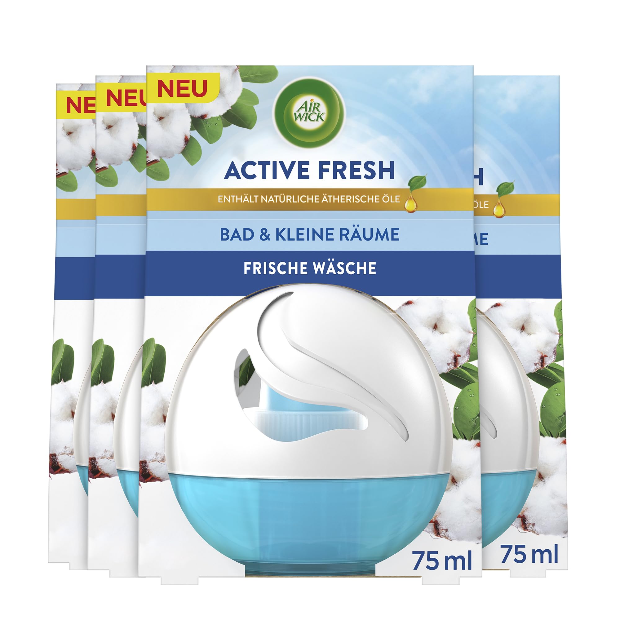 Air Wick Active Fresh – Lufterfrischer für das Bad und kleine Räume – Duft: Frische Wäsche – 4 x 75 ml