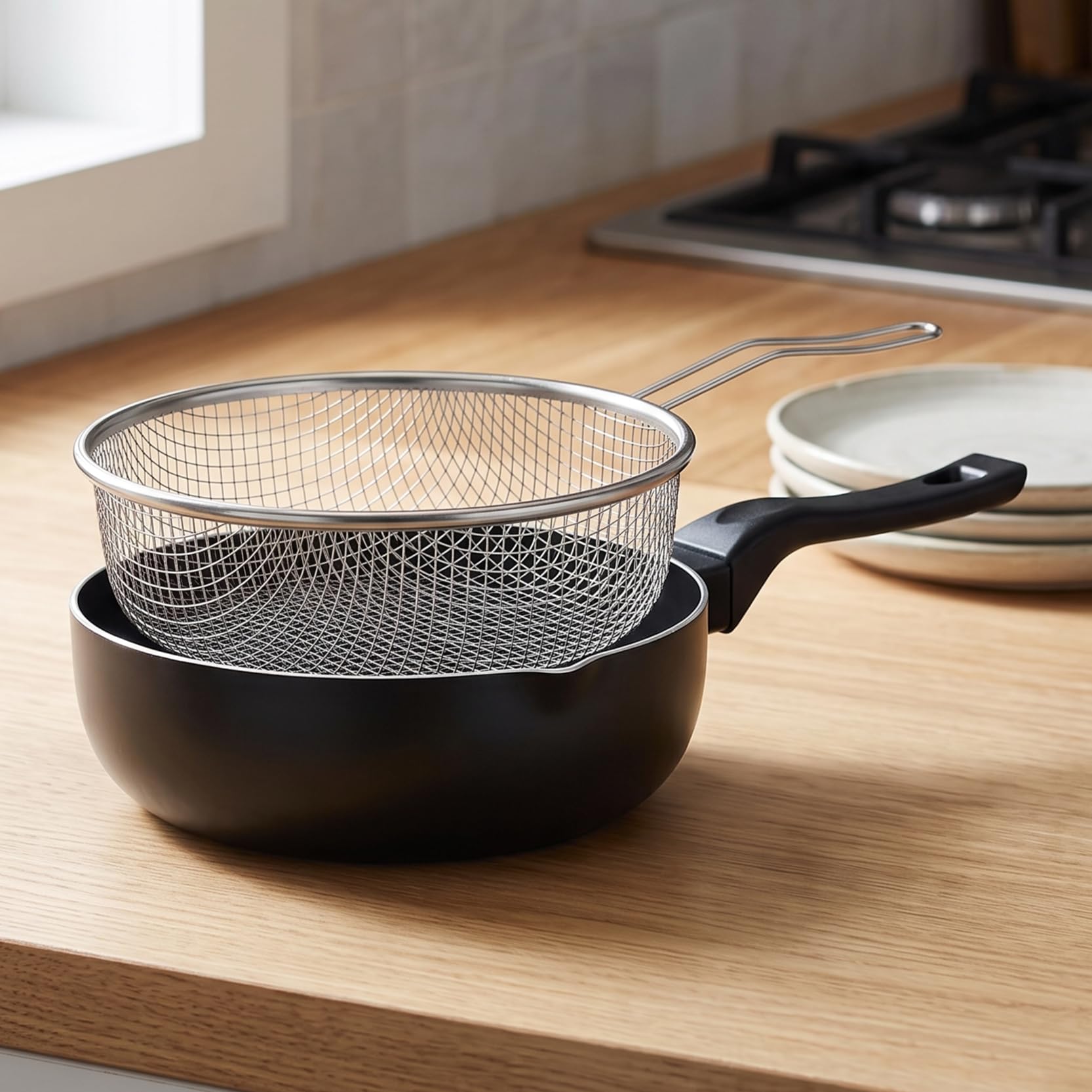 MGE - Padella Friggitrice con Cestello - Alluminio Antiaderente - Padella Friggitrice Induzione - 24 cm