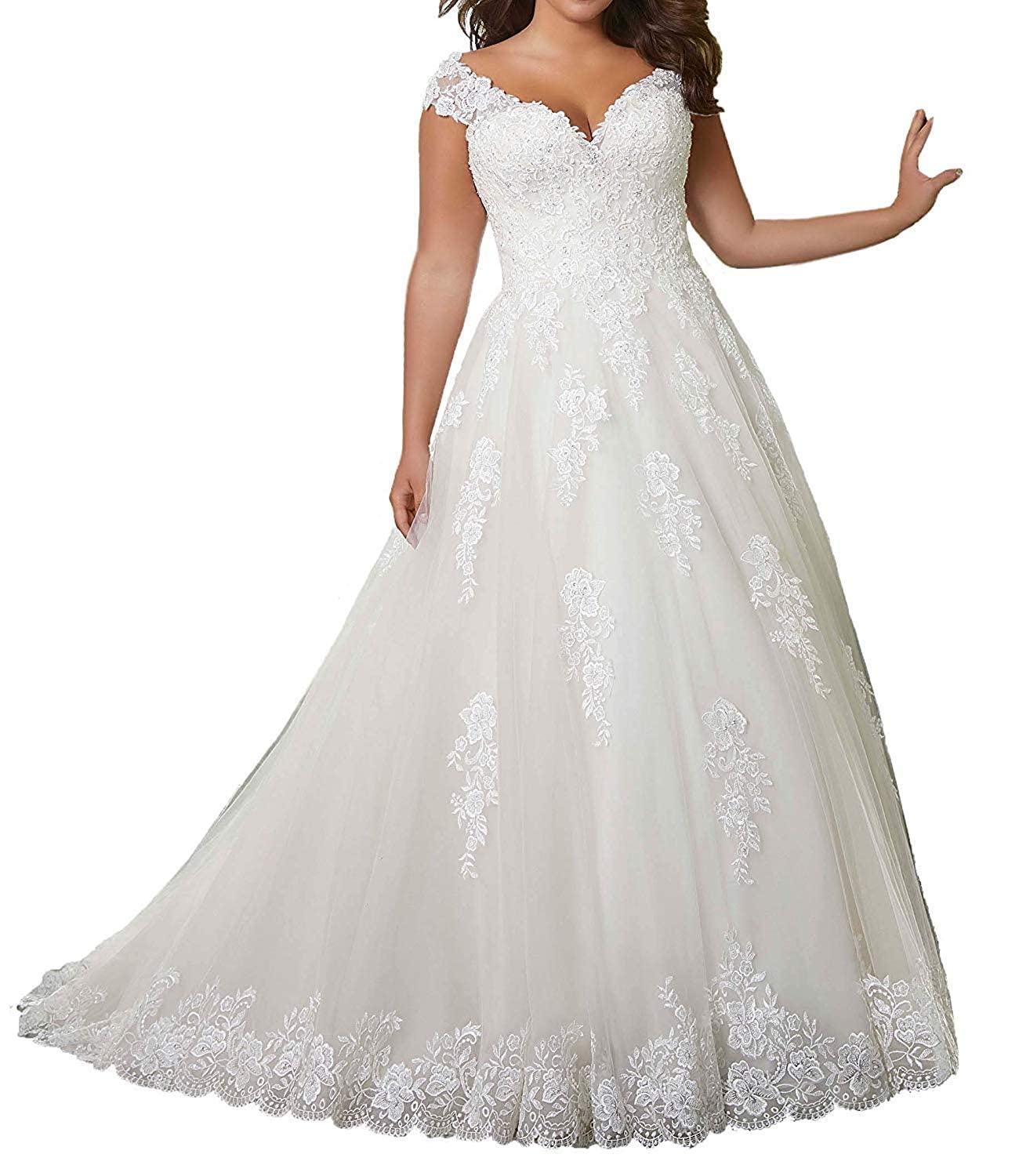 Damen Brautkleider Hochzeitskleider Große Größen V-Ausschnitt Spitze Ballkleid Brautkleid A-Linie