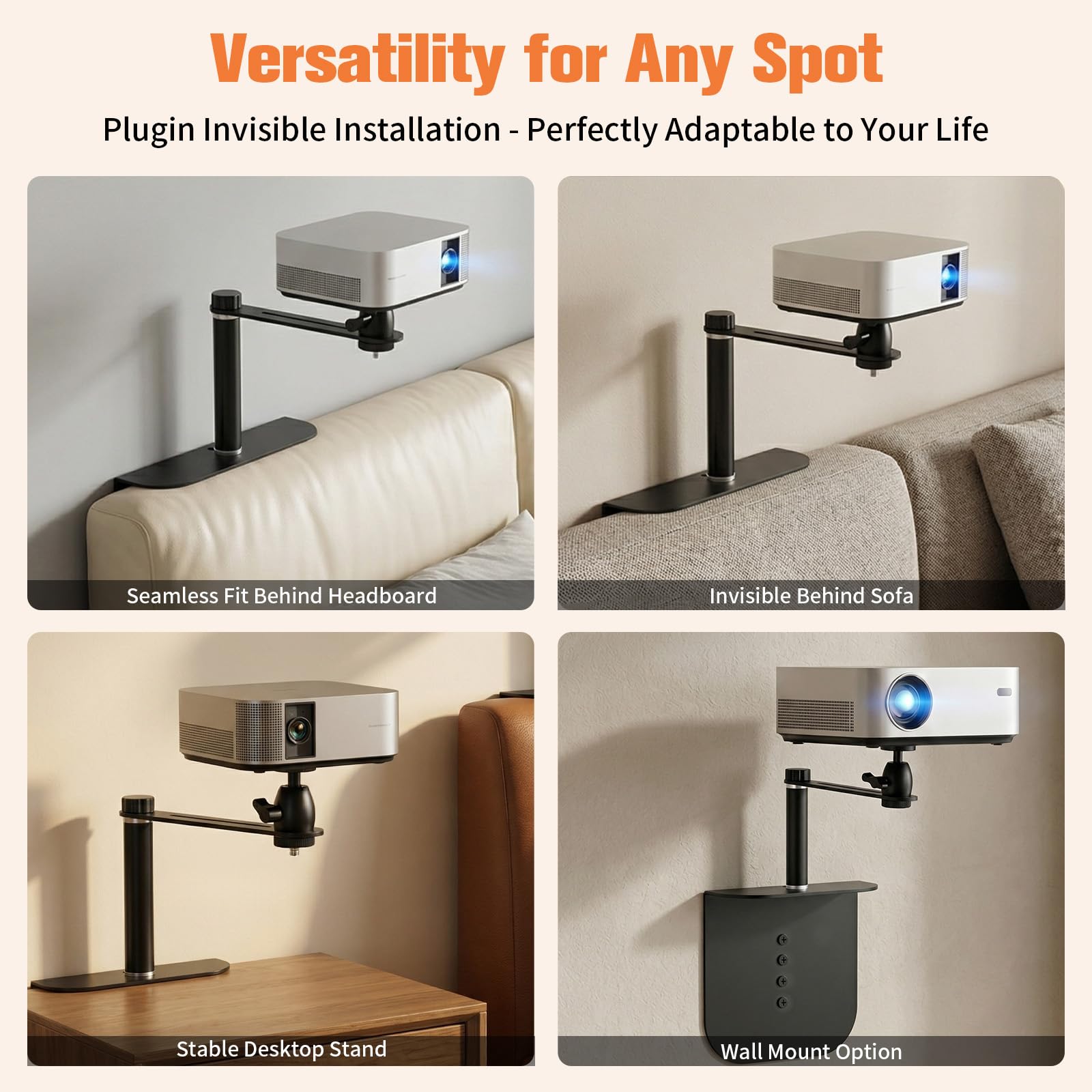 Beamer Ständer für Bett & Sofa, Projektorhalterung ohne Bohren – Verbesserte Stabilität Beamer Halterung Wand/Nachttisch, Stabil Stahl Beamer Wandhalterung für Schlafzimmer & Wohnzimmer (Höhe 10cm)