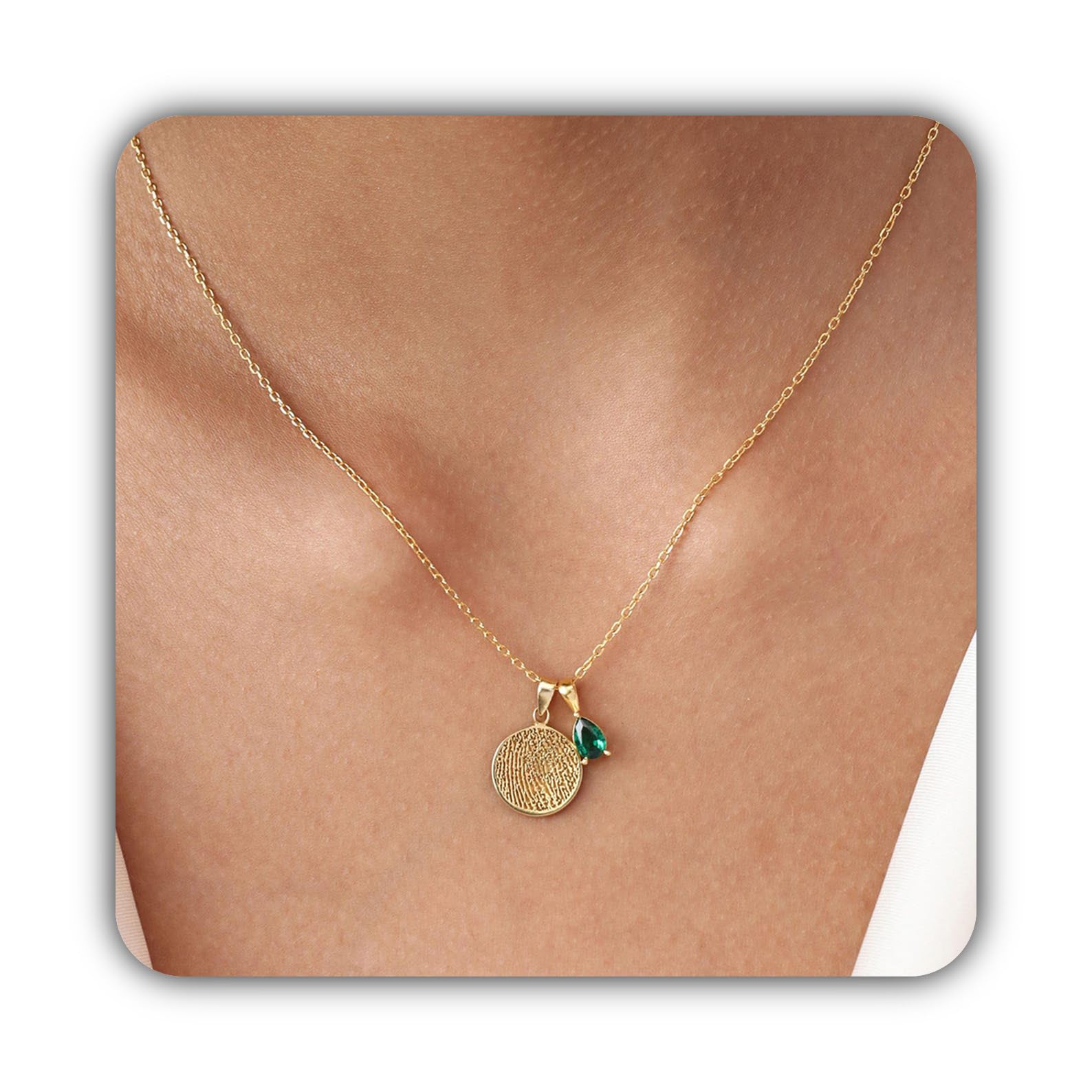 Collar con dije circular y huella dactilar y piedra de nacimiento | Collar circular con huella dactilar real | Día de la Madre - Navidad