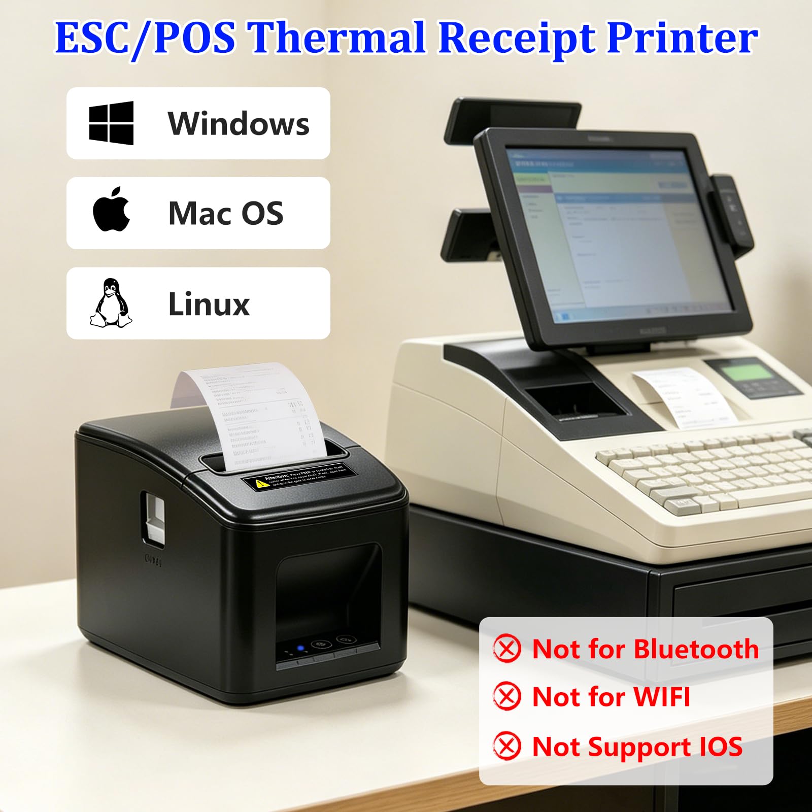 Stampante per ricevute termiche 80 mm, taglio automatico, USB + LAN | Stampa ad alta velocità da 230 mm/s, ESC / POS Supporto Windows / Android / Mac / Linux, negozi al dettaglio e ristoranti