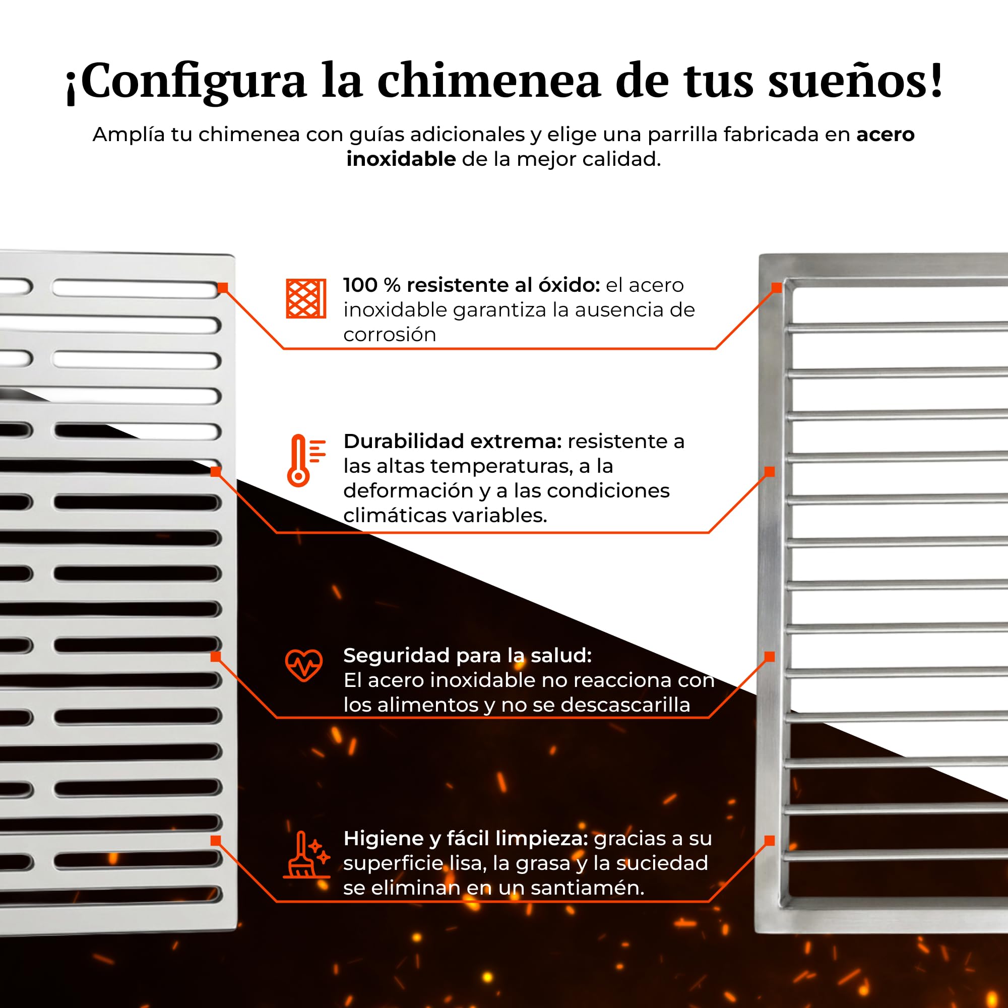 PDG | Brasero/Parrilla de leña a Medida con cajón de Cenizas | Parrilla para Chimenea, Barbacoa y Cocina Exterior | Estructura de Acero | Rejilla Acanalada | Insertable o Independiente