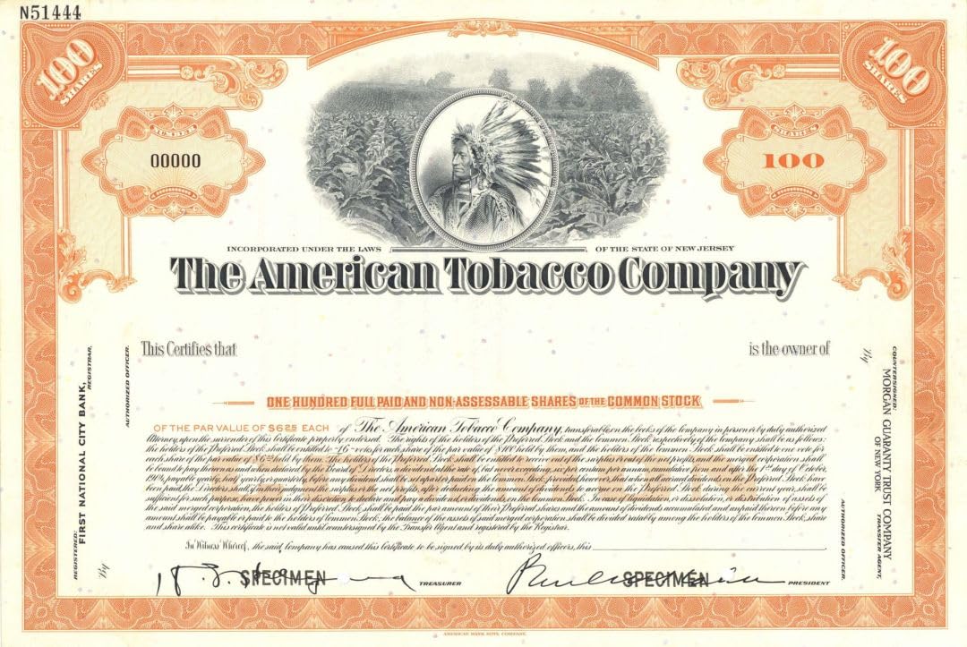 Amazon.com: American Tobacco Co. - Specimen Stock Certificate - Available  in Green or Orange