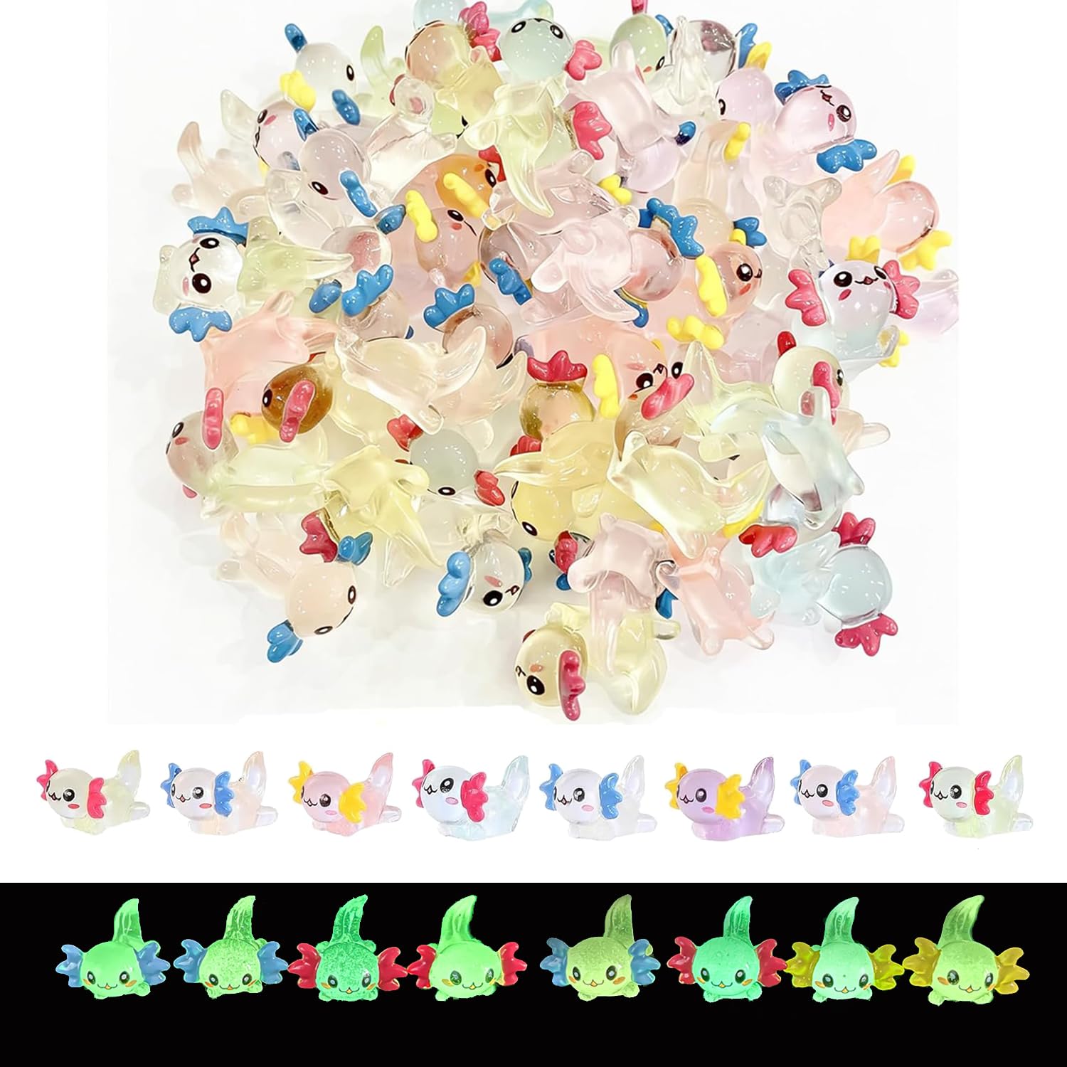 Huorv Multicolored 48Pcs Mini Resin Axolotl Figurines Glow In The Dark, 8 Colors Miniature Landscape Aquarium Moss Terrarium Decor, Desk Car Dashboard Ornaments, Tiny Little Plastic Resin Animals For Home Craft Decor