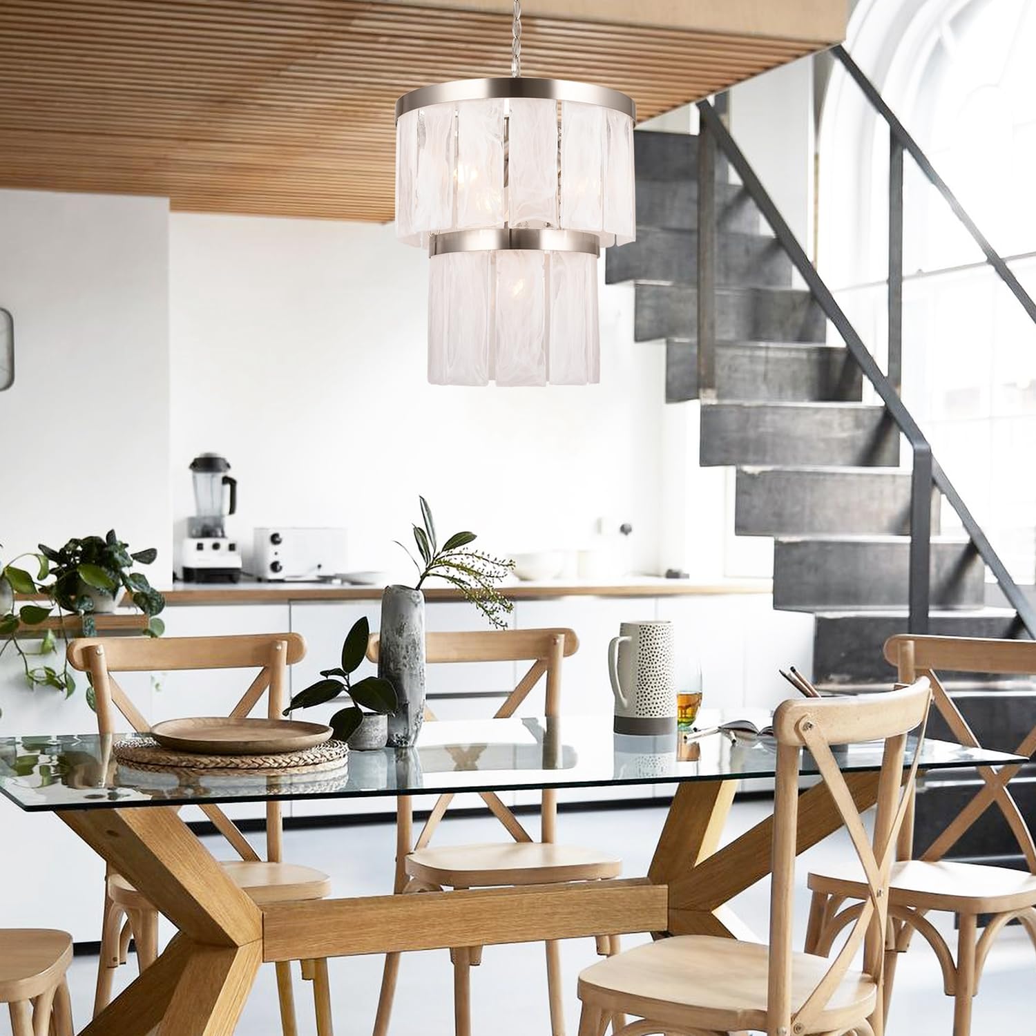 ALICE HOUSE 15" Dining Room Chandeliers, Brushed Nickel Contemporary Kitchen Island Light Fixture, Modern Hanging Light for Bedroom, Entryway and Stairway AL3801-P4