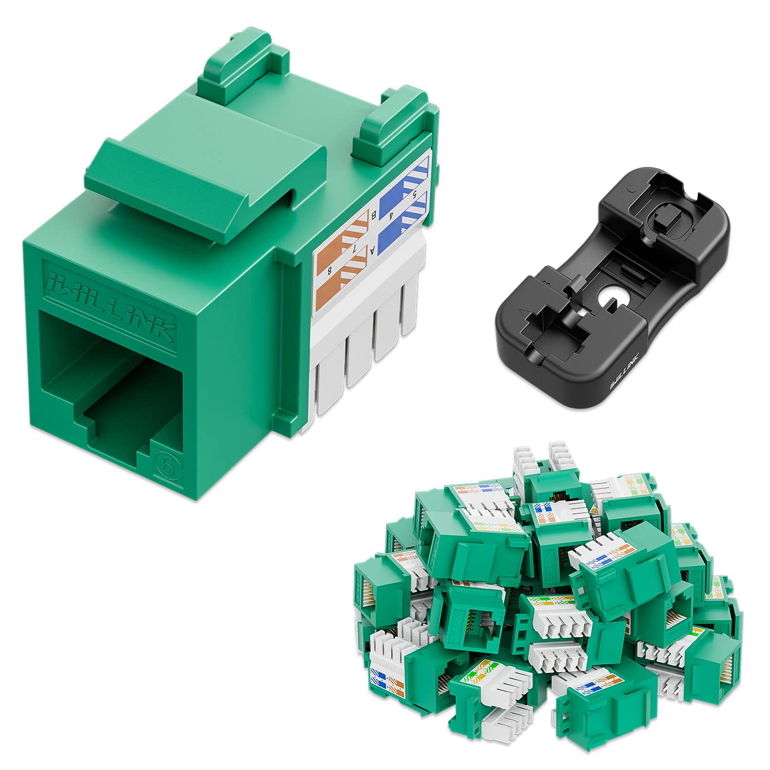 iwillink 10Gbps Cat6 Keystone Jack, RJ45 Keystone Jack 25-Pack and Keystone Punch-Down Stand, UTP Modular Ethernet Jack Insert 90-Degree, Punch Down