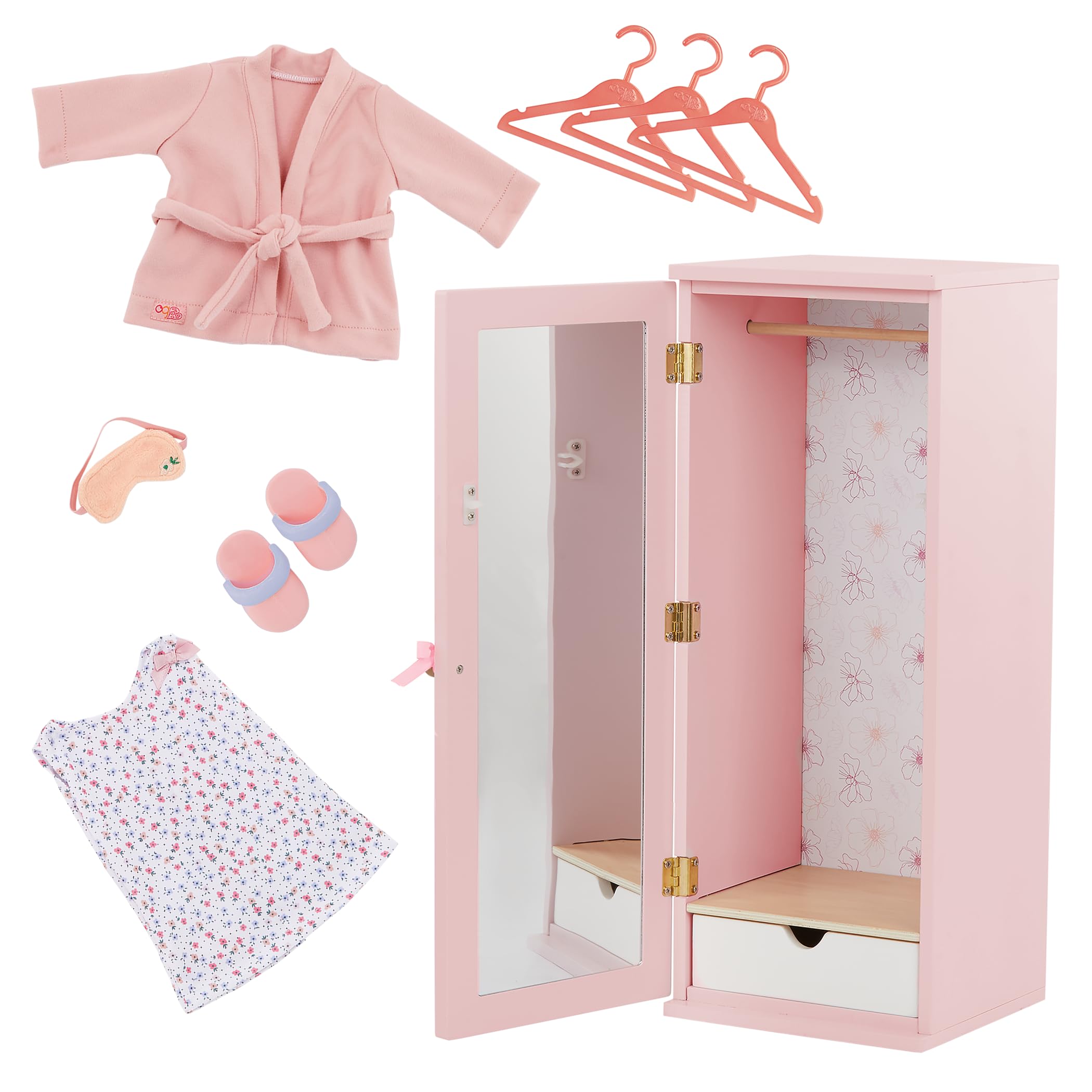 Our Generation Fashion Closet – Holz-Kleiderschrank für 46 cm Puppen – inkl. Spiegel, Schublade & Zubehör – Puppenschrank mit Outfits – Komplett montiert