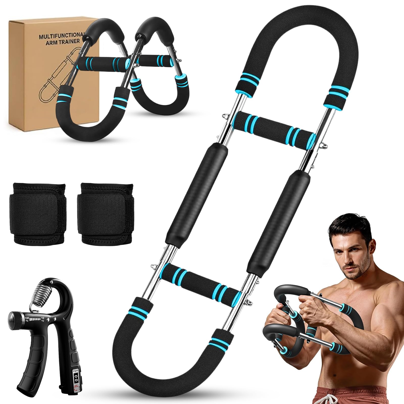 KATLIKU Chest Exerciser for Men, 3-in-1 Adjustable Twister Arm Trainer Set (30-50kg/66-110lbs) with Hand Gripper & Wrist Guards – Forearm Strengthener, Biceps & Shoulder Home Gym Equipment