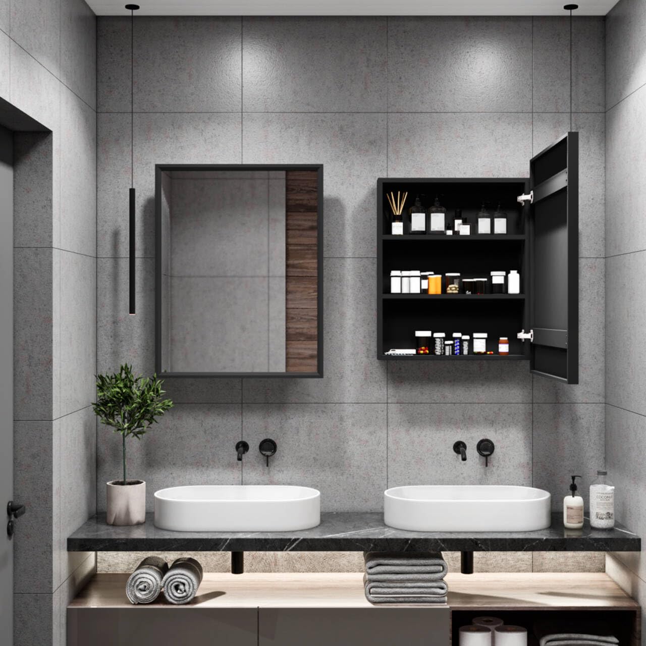 LuxyDecor Recessed Medicine Cabinets with Mirror Modern Wall Mounted Bathroom Mirror Cabinet Solid Wood with Storage 28 x 22 inches (Black)