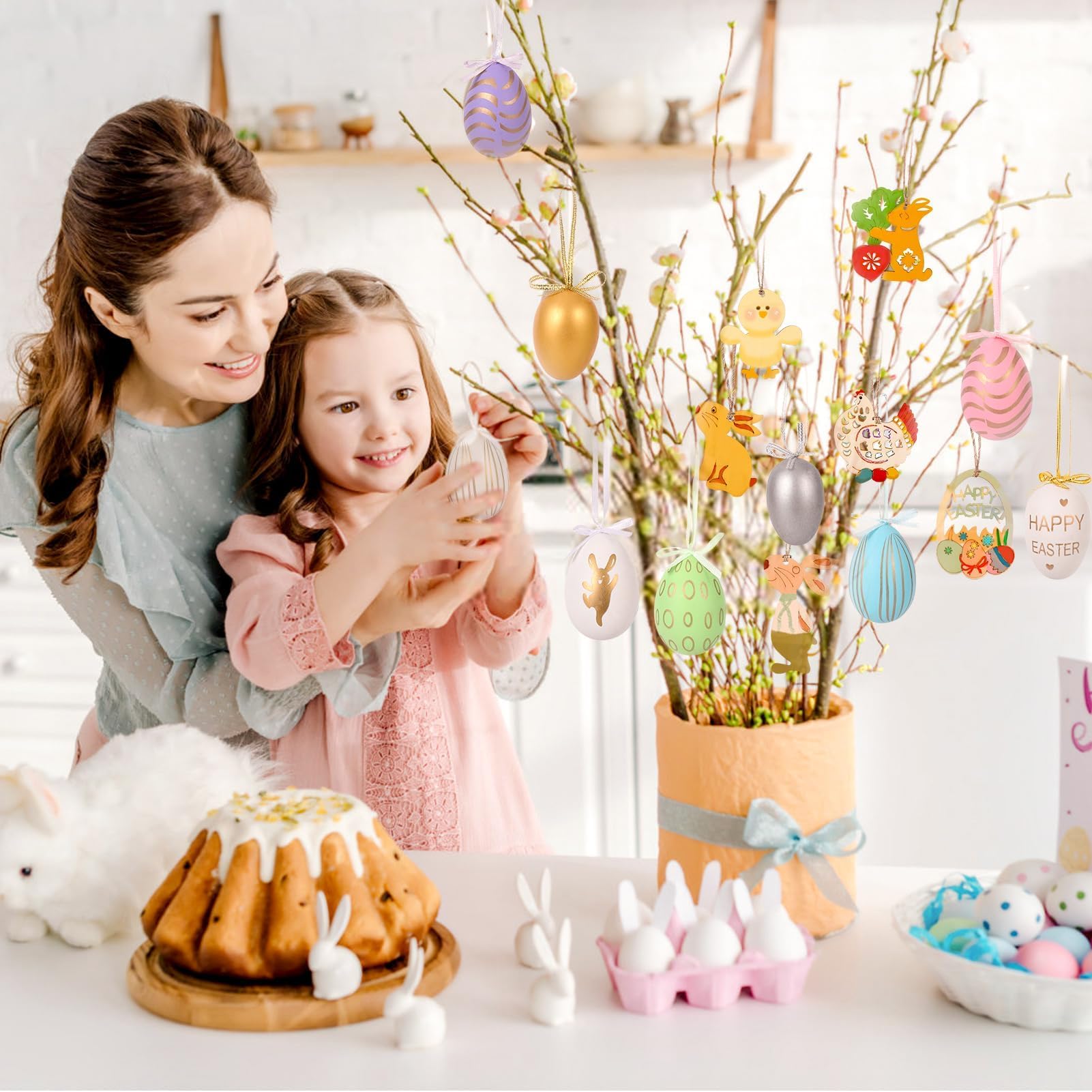 Set Decorazioni Pasquali Fai Da Te - 24 Uova Di Plastica, 20 Pendenti In Legno E Colori Acrilici