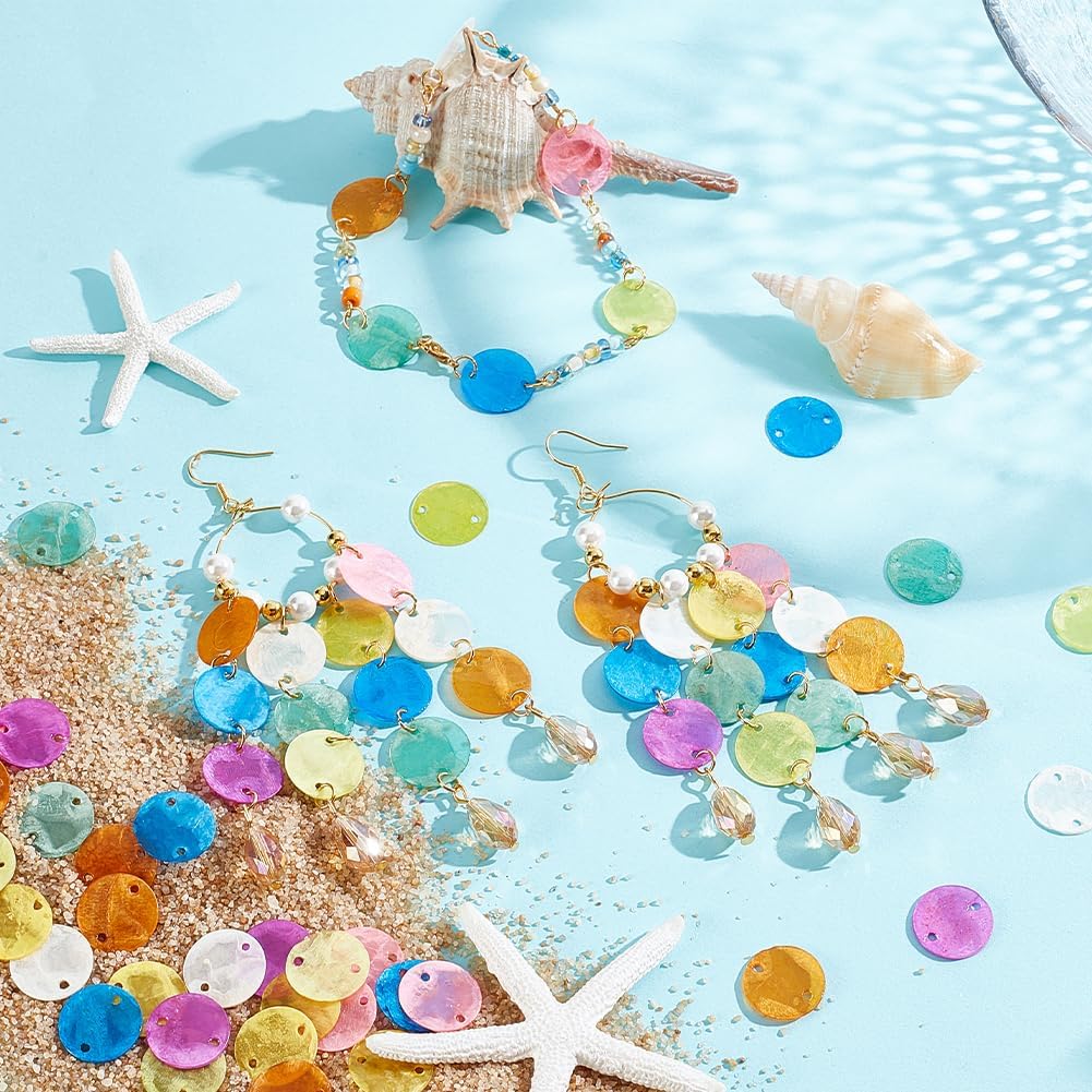 PH PandaHall 240pcs 8 Colors 15mm Round Shells Pieces with 2 Holes, Natural Capiz Shell Slice Disc Coin Beads Connector Charms for DIY Jewelry Making Wind Chimes Curtain Lamp Shade Crafts Christmas