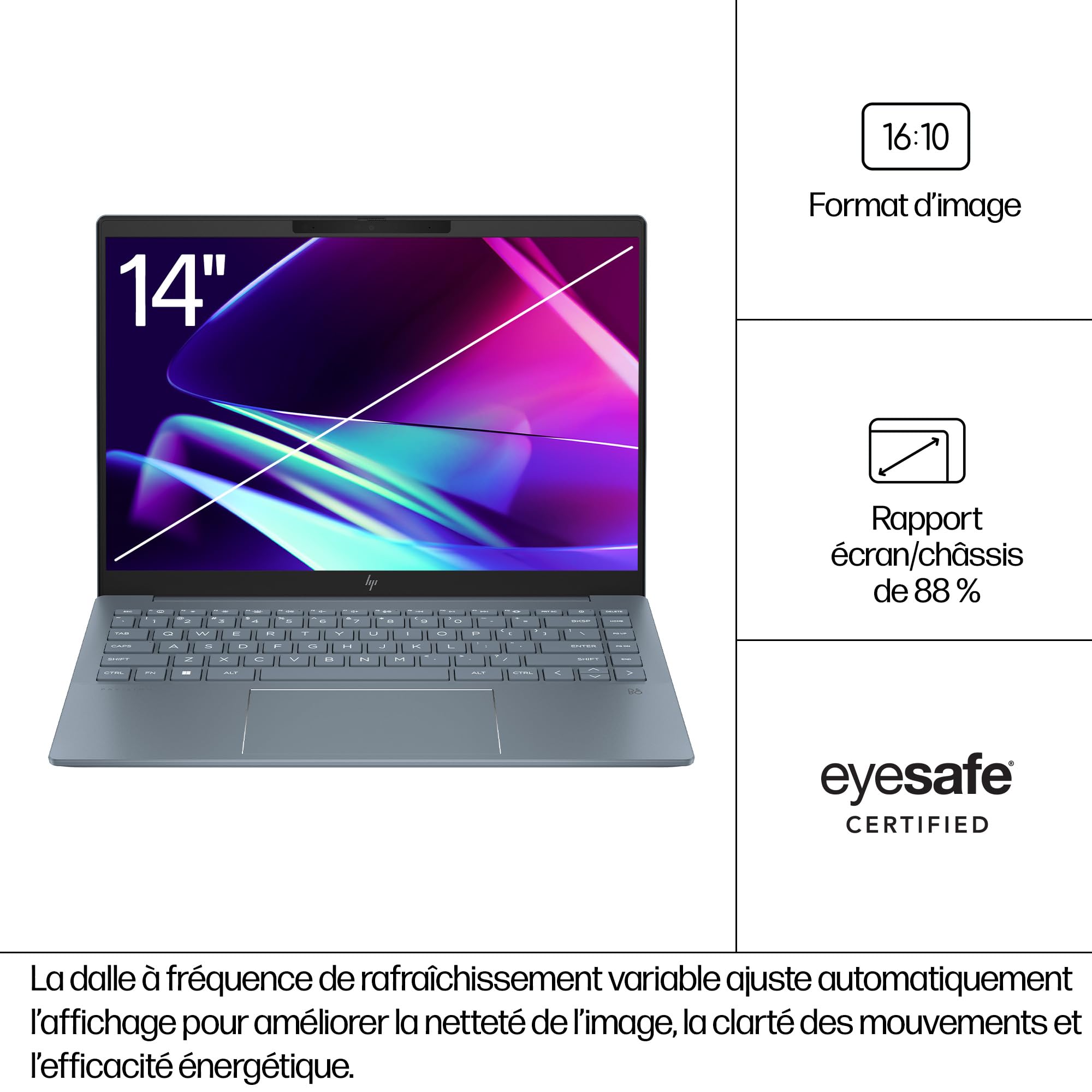 HP Pavilon Plus 14-ew1000sf Ordinateur Portable 14" 2.8K OLED 120 Hz, PC Portable (Intel Core Ultra 5 125H, RAM 16 Go, SSD 512 Go, Intel Arc Graphics, Windows 11), Laptop Bleu, Clavier AZERTY