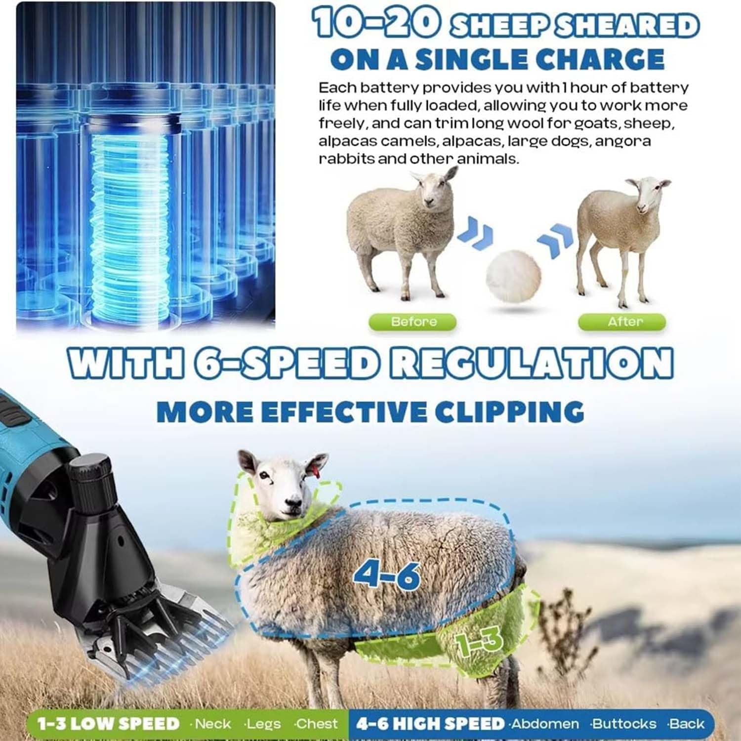 Tondeuse électrique sans Fil pour Moutons, 300 W, 2 Batteries, 6 Vitesses Réglables, Lame en Acier Inoxydable 9/13 Dents, pour Animaux à Poil épais Et Bovins 9-Tooth