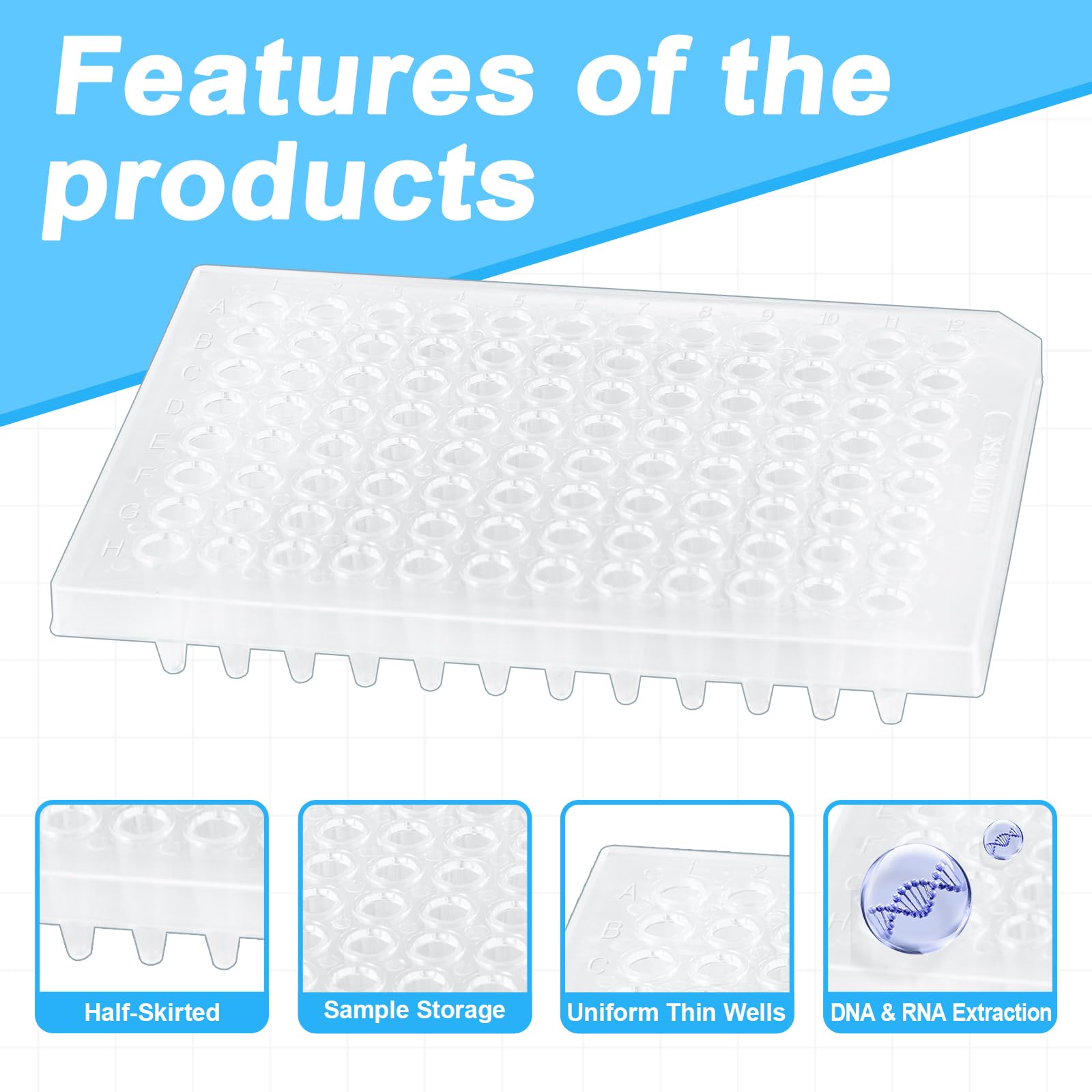 100 Stück 96 Well PCR Platte, Labor PCR Platte, Labor Mikroplatten, Labor-Proben-Mikroplatten für Mikrochemie, 0.2ml, Half-Skirted, Unsteril, Polypropylene, Transparent