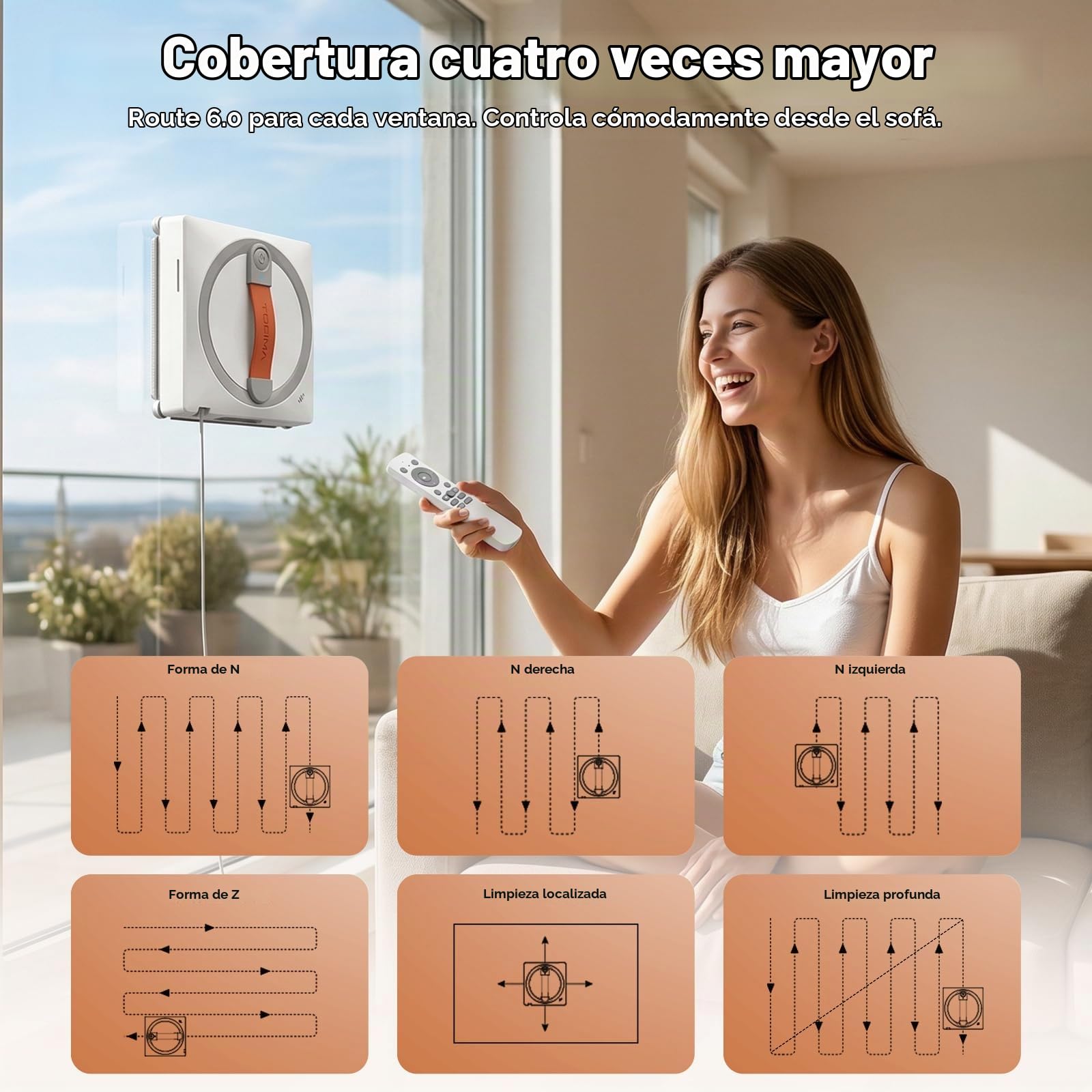 Tosima WA9C Pro Robot Limpiacristales - 4 boquillas, 6 Modos Inteligentes, adherencia Extra Fuerte, y Control Remoto