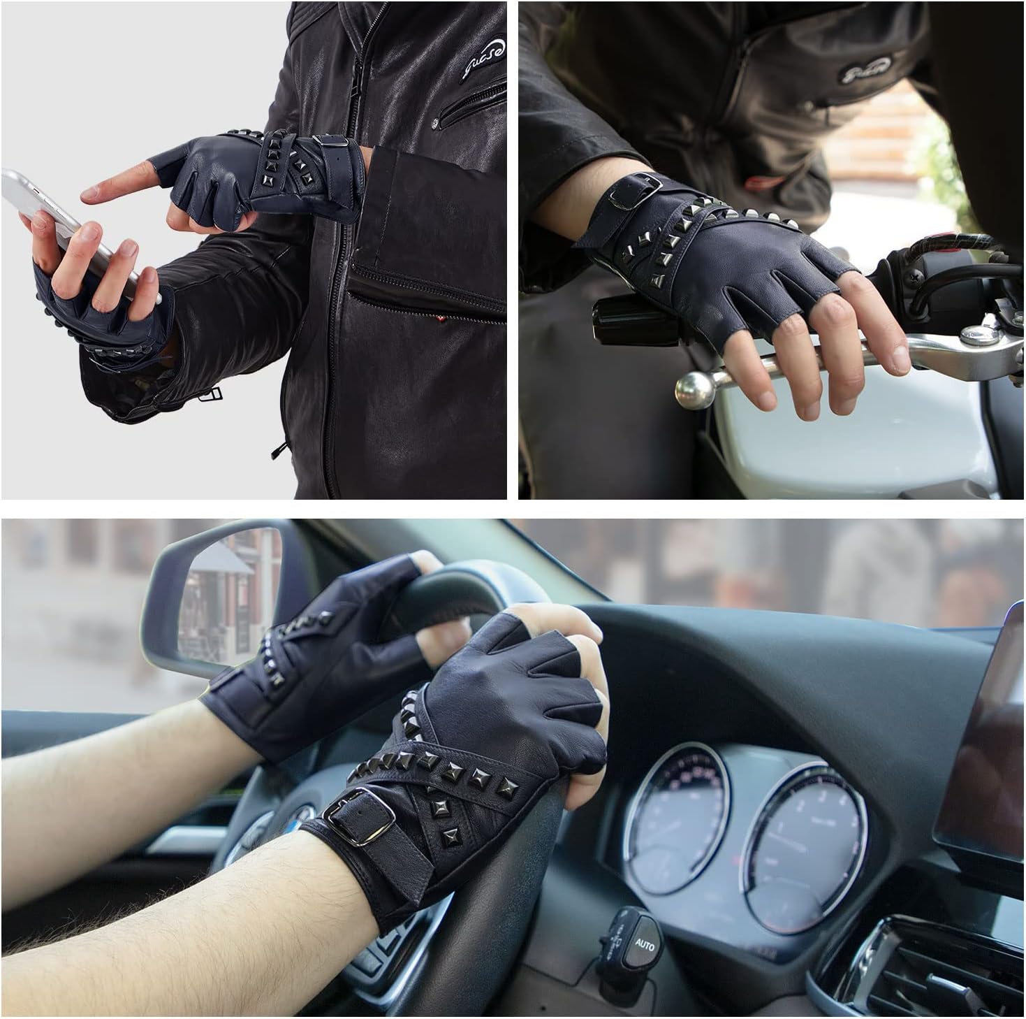 FIORETTO Mens Fingerless Leather Gloves – Half Finger Punk Style Sheepskin for Driving & Motorcycle – M16519 - Image 3