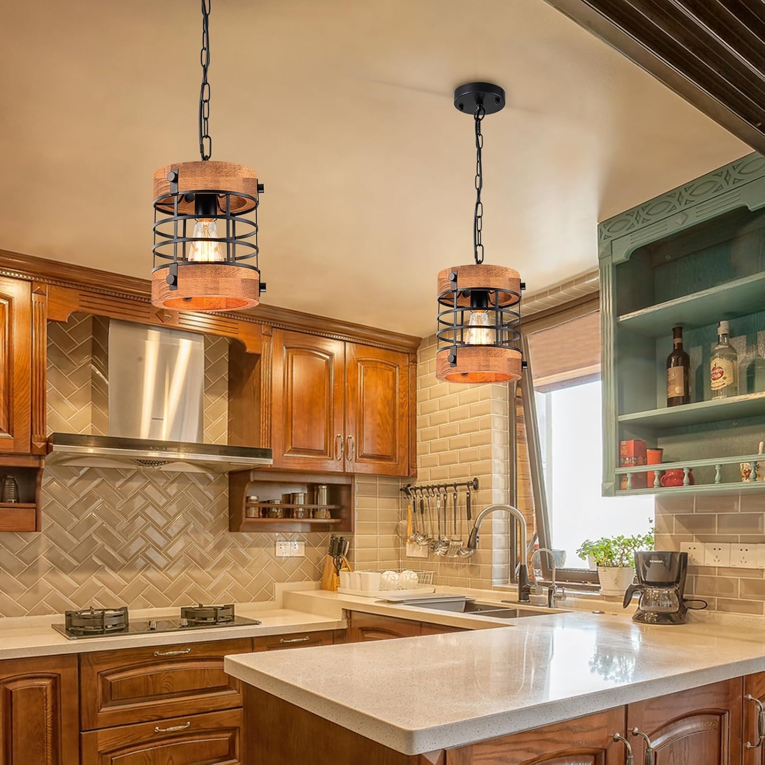 Wood Pendant Light Fixtures, Rustic Farmhouse Chandelier, Dining Room Light Fixture for Kitchen Island Foyer Hallway Bar, Height Adjustable
